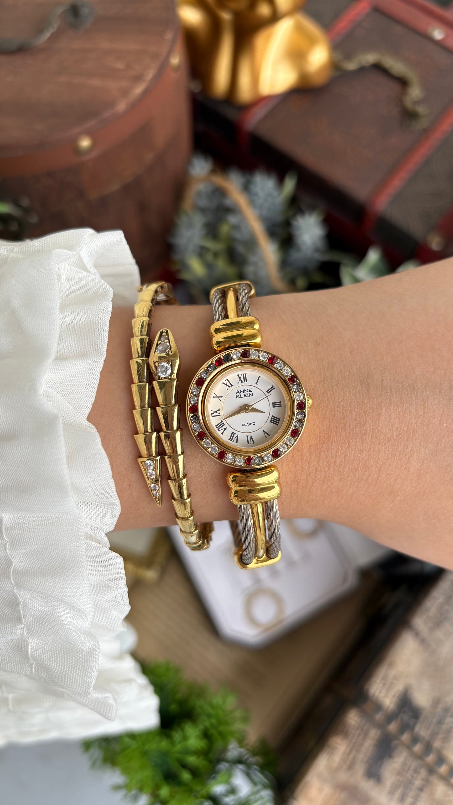 Extremely Rare Charriol-Inspired Vintage Anne Klein Interchangeable Bezel Set Bangle Watch in Two-Tone