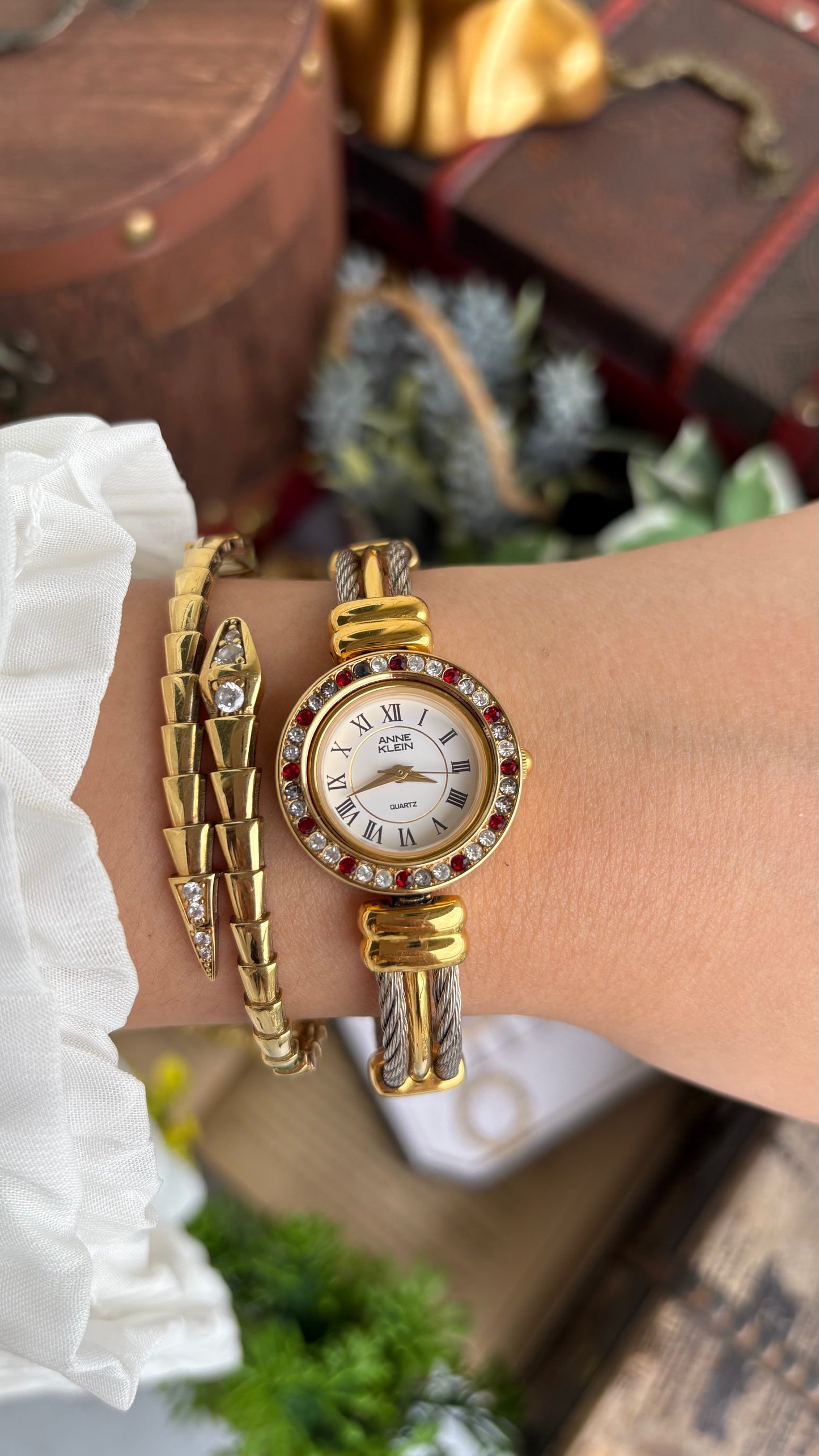 Extremely Rare Charriol-Inspired Vintage Anne Klein Interchangeable Bezel Set Bangle Watch in Two-Tone