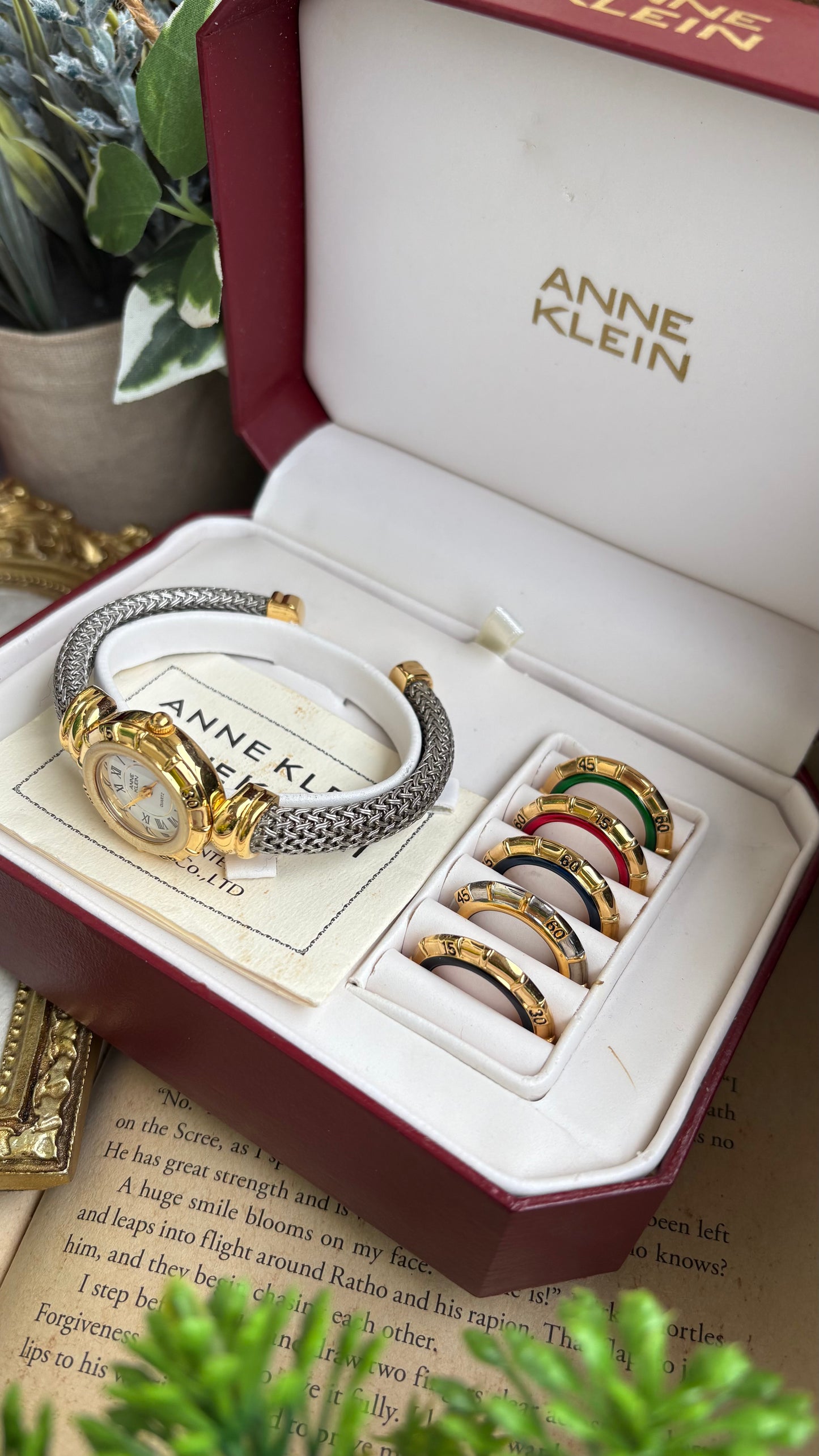 Extremely Rare Charriol-Inspired Vintage Anne Klein Interchangeable Bezel Set Bangle Watch in Two-Tone