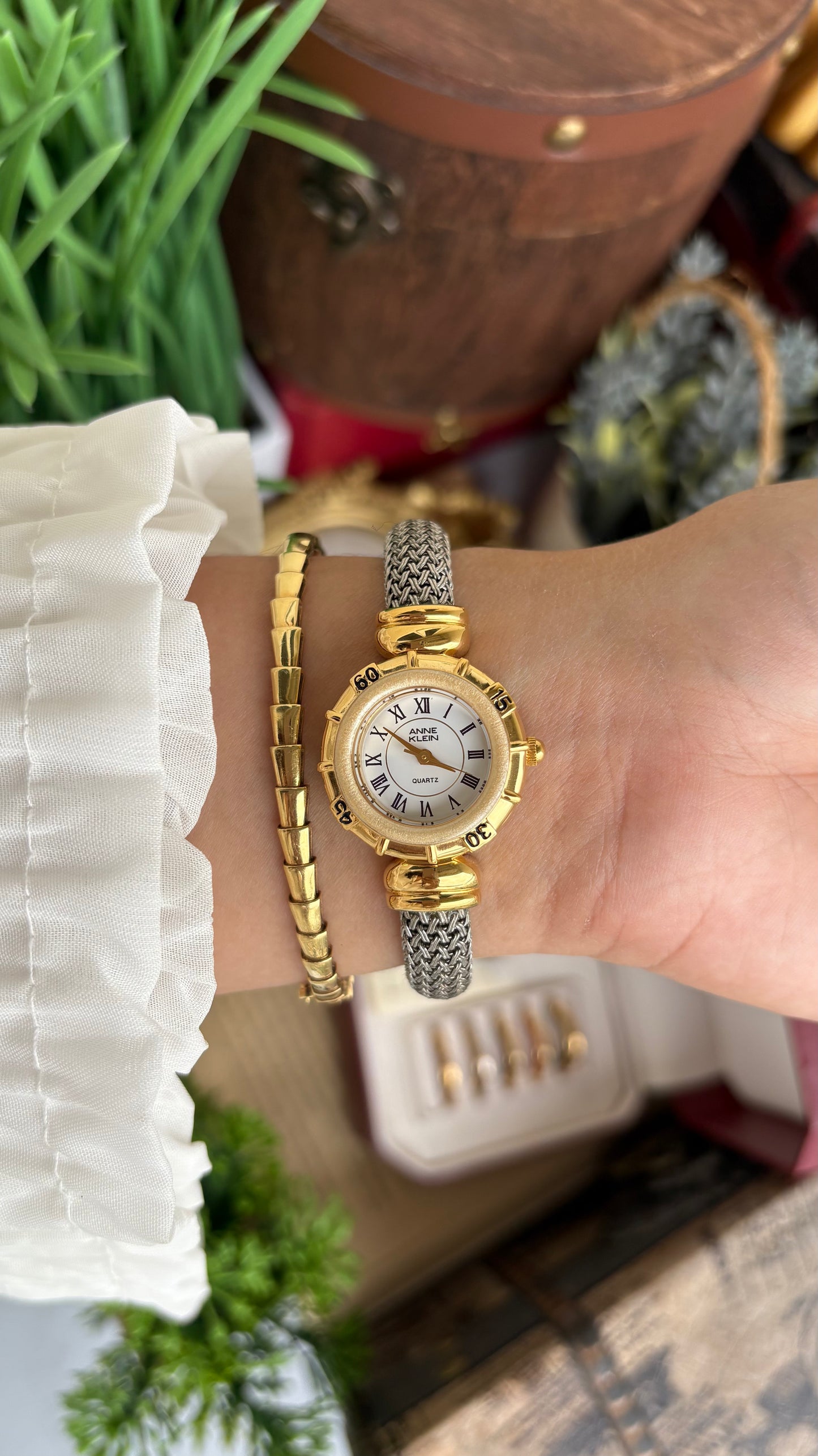 Extremely Rare Charriol-Inspired Vintage Anne Klein Interchangeable Bezel Set Bangle Watch in Two-Tone