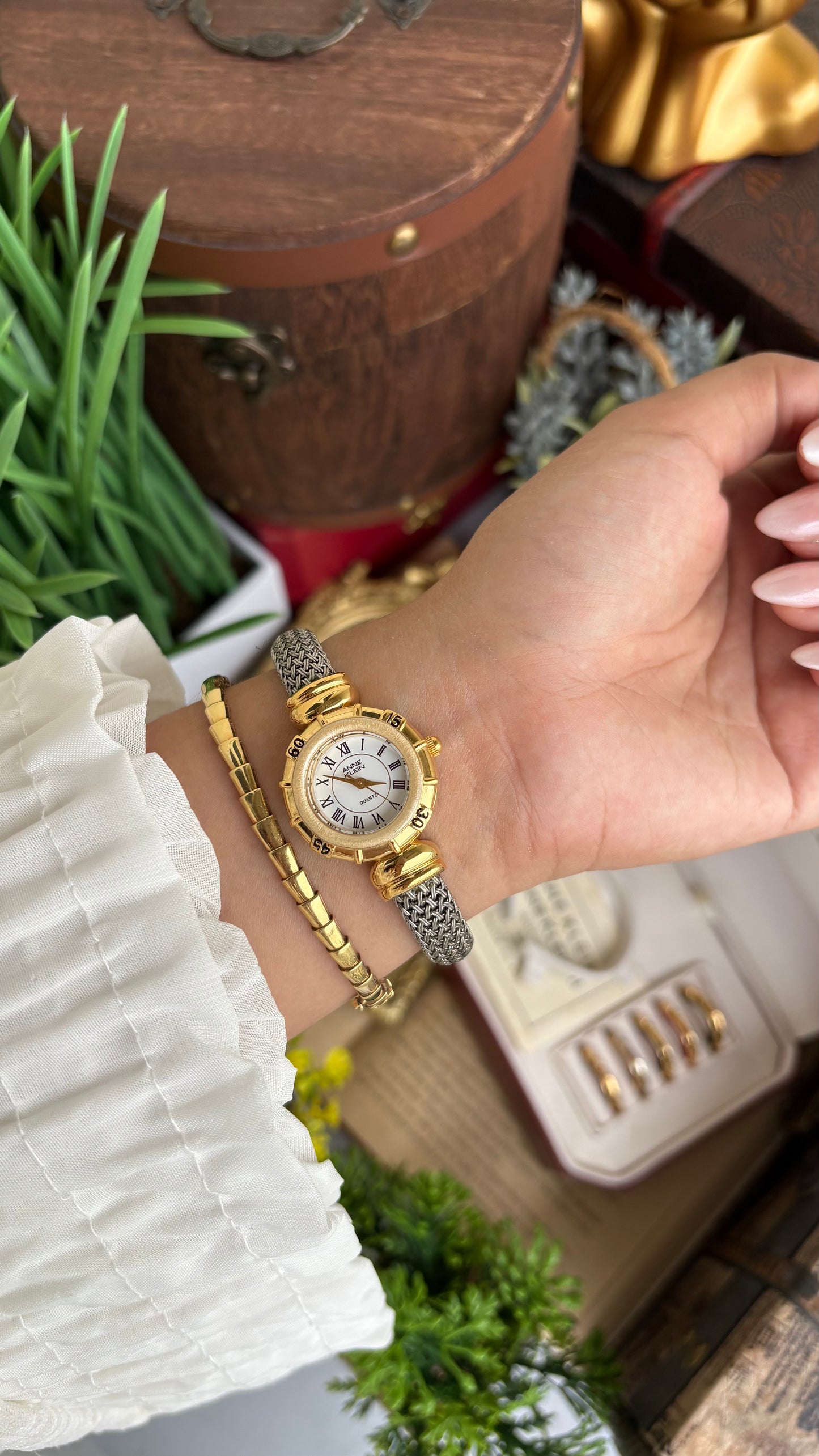 Extremely Rare Charriol-Inspired Vintage Anne Klein Interchangeable Bezel Set Bangle Watch in Two-Tone
