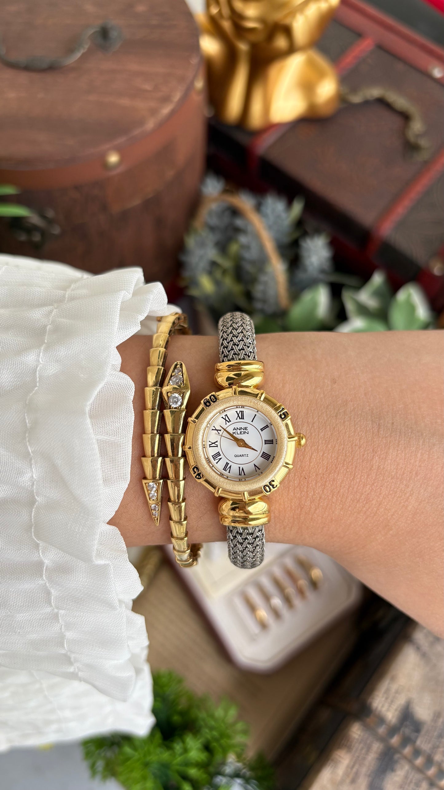 Extremely Rare Charriol-Inspired Vintage Anne Klein Interchangeable Bezel Set Bangle Watch in Two-Tone