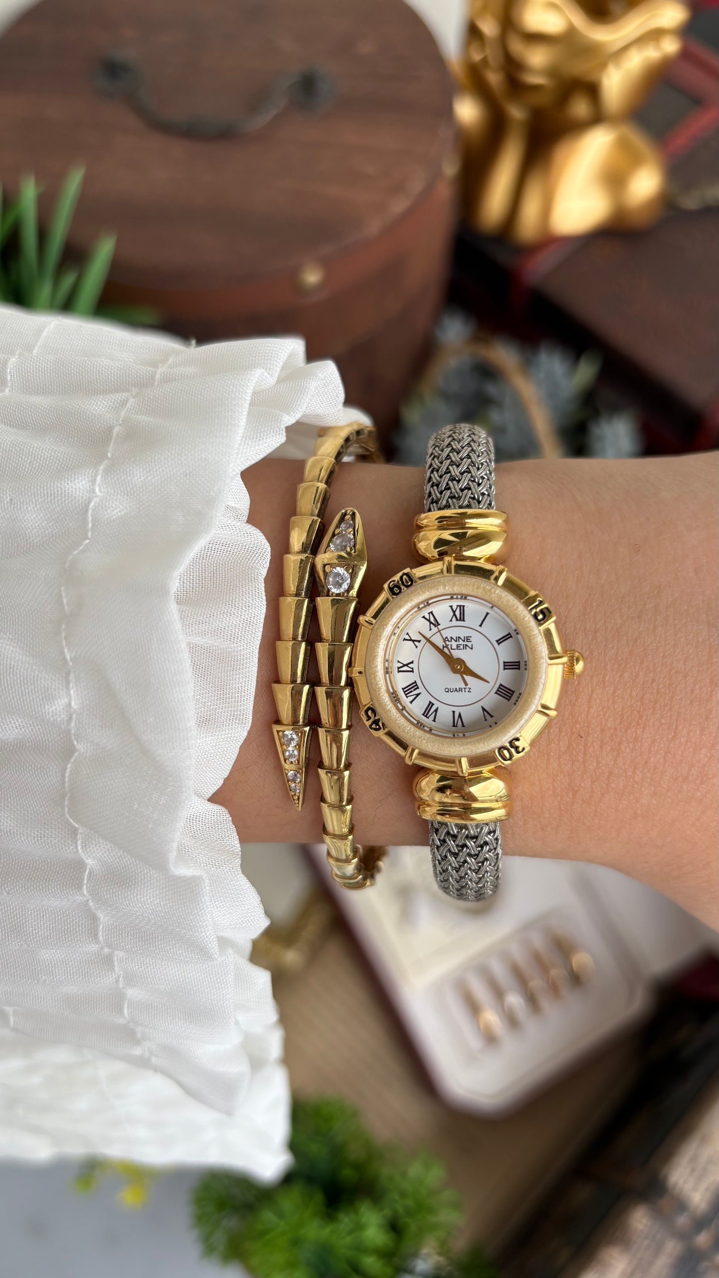 Extremely Rare Charriol-Inspired Vintage Anne Klein Interchangeable Bezel Set Bangle Watch in Two-Tone