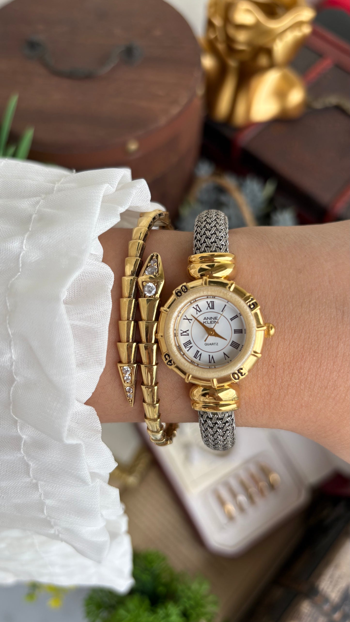 Extremely Rare Charriol-Inspired Vintage Anne Klein Interchangeable Bezel Set Bangle Watch in Two-Tone