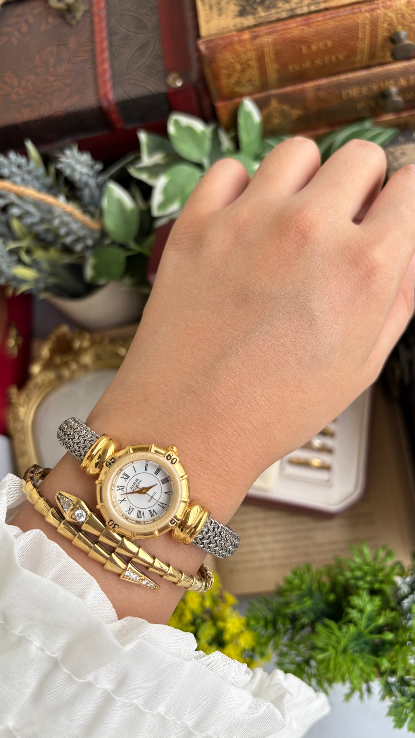 Extremely Rare Charriol-Inspired Vintage Anne Klein Interchangeable Bezel Set Bangle Watch in Two-Tone