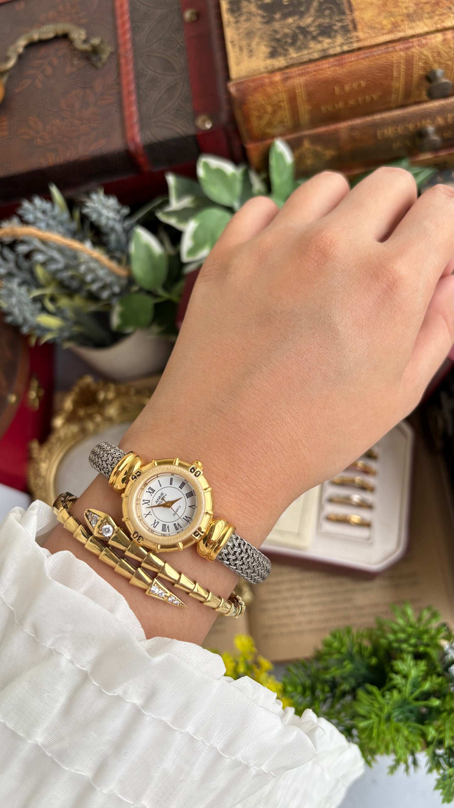 Extremely Rare Charriol-Inspired Vintage Anne Klein Interchangeable Bezel Set Bangle Watch in Two-Tone
