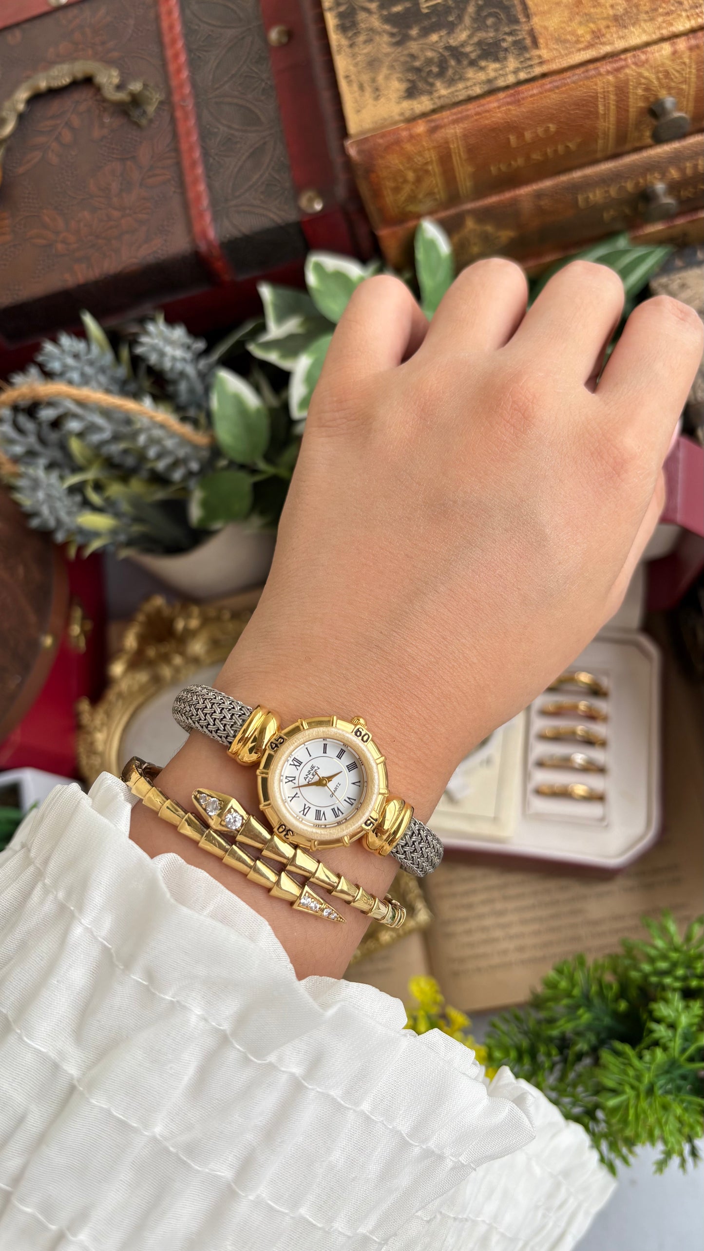 Extremely Rare Charriol-Inspired Vintage Anne Klein Interchangeable Bezel Set Bangle Watch in Two-Tone