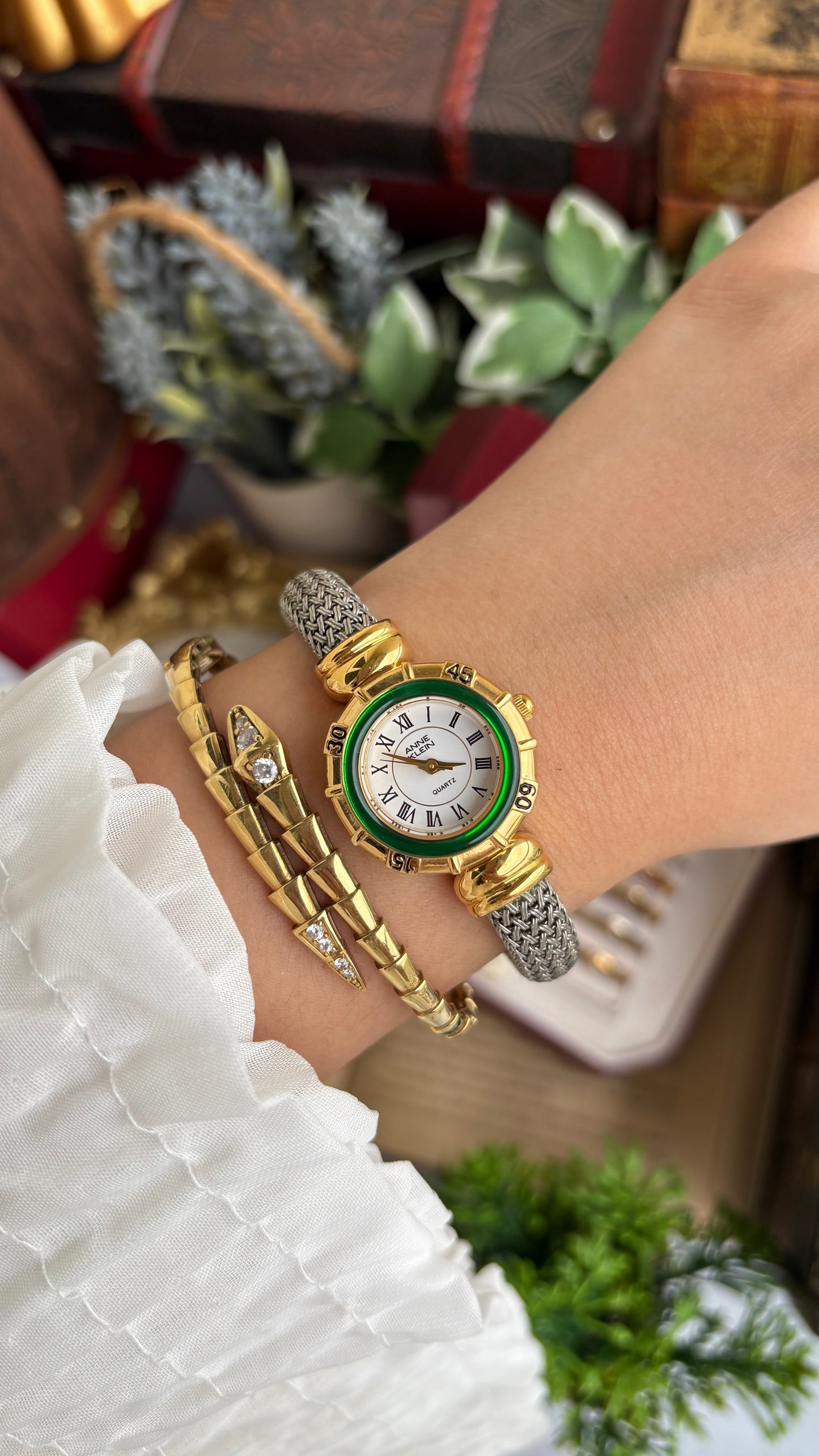 Extremely Rare Charriol-Inspired Vintage Anne Klein Interchangeable Bezel Set Bangle Watch in Two-Tone