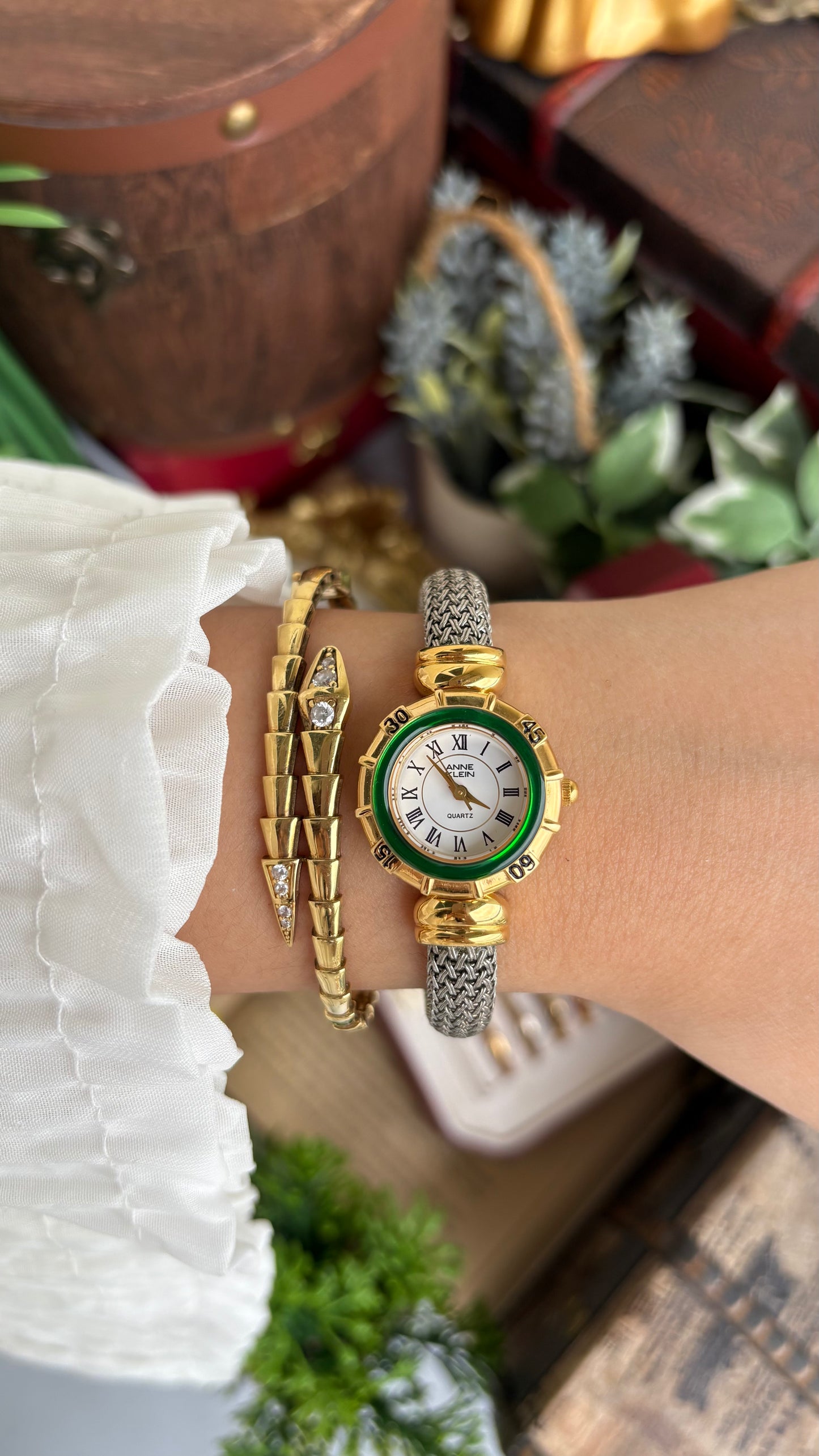 Extremely Rare Charriol-Inspired Vintage Anne Klein Interchangeable Bezel Set Bangle Watch in Two-Tone