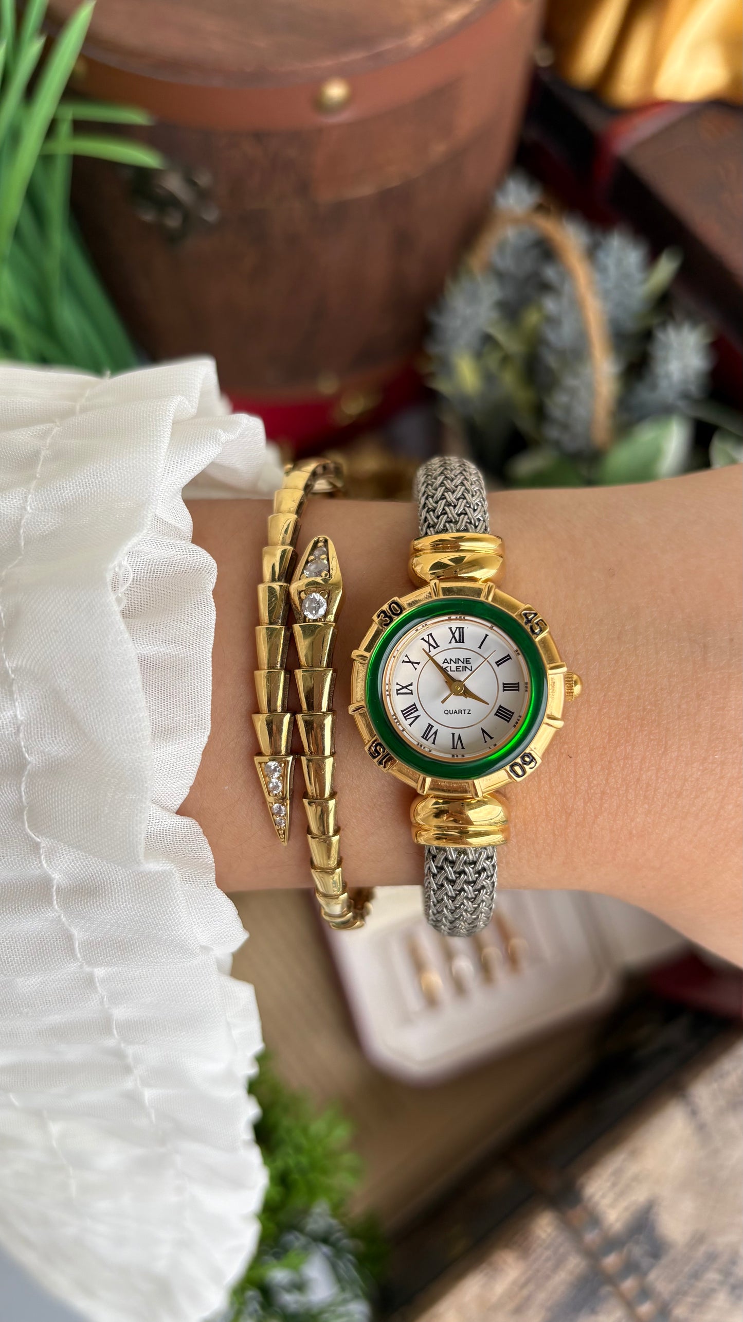 Extremely Rare Charriol-Inspired Vintage Anne Klein Interchangeable Bezel Set Bangle Watch in Two-Tone