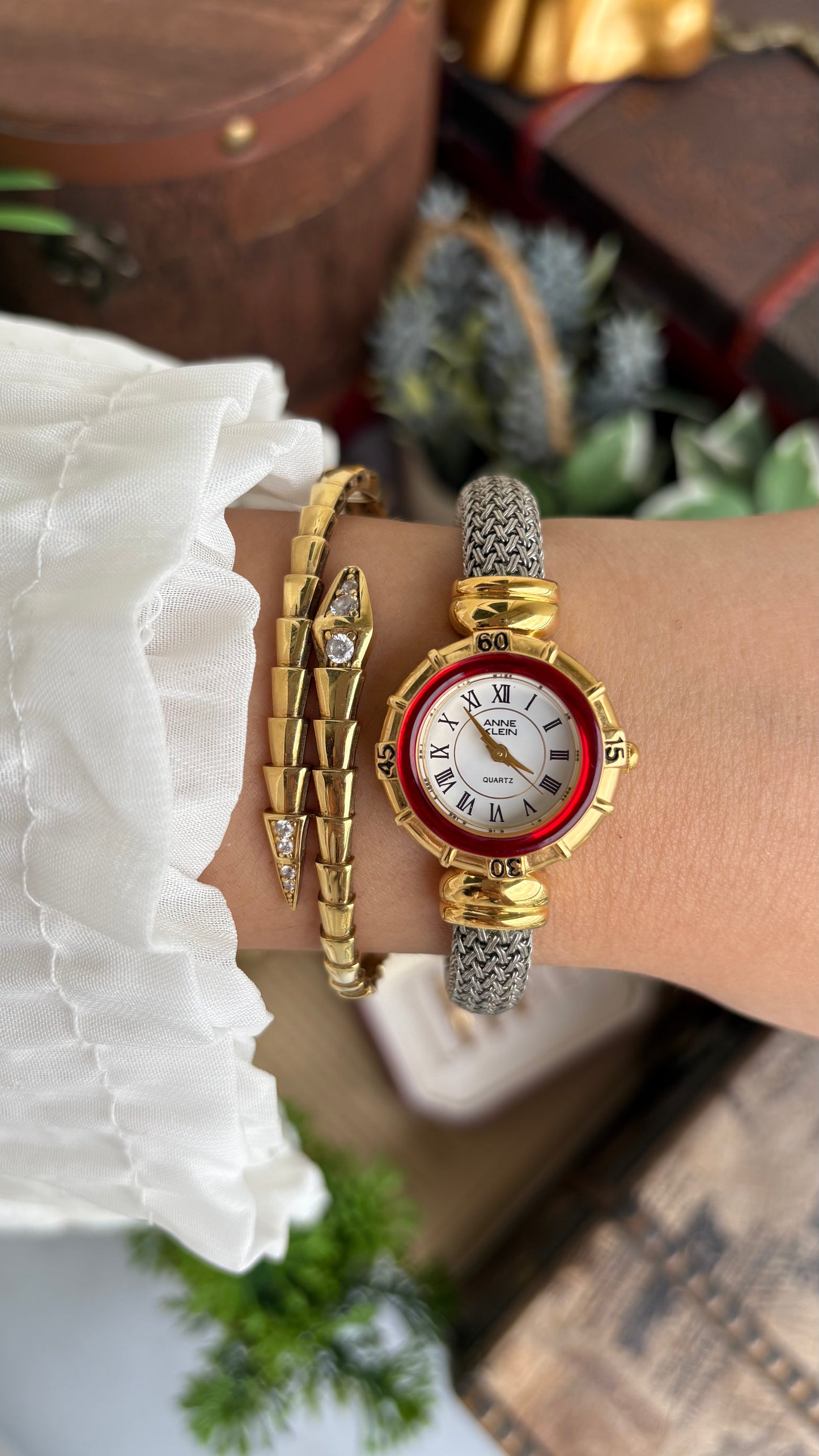 Extremely Rare Charriol-Inspired Vintage Anne Klein Interchangeable Bezel Set Bangle Watch in Two-Tone