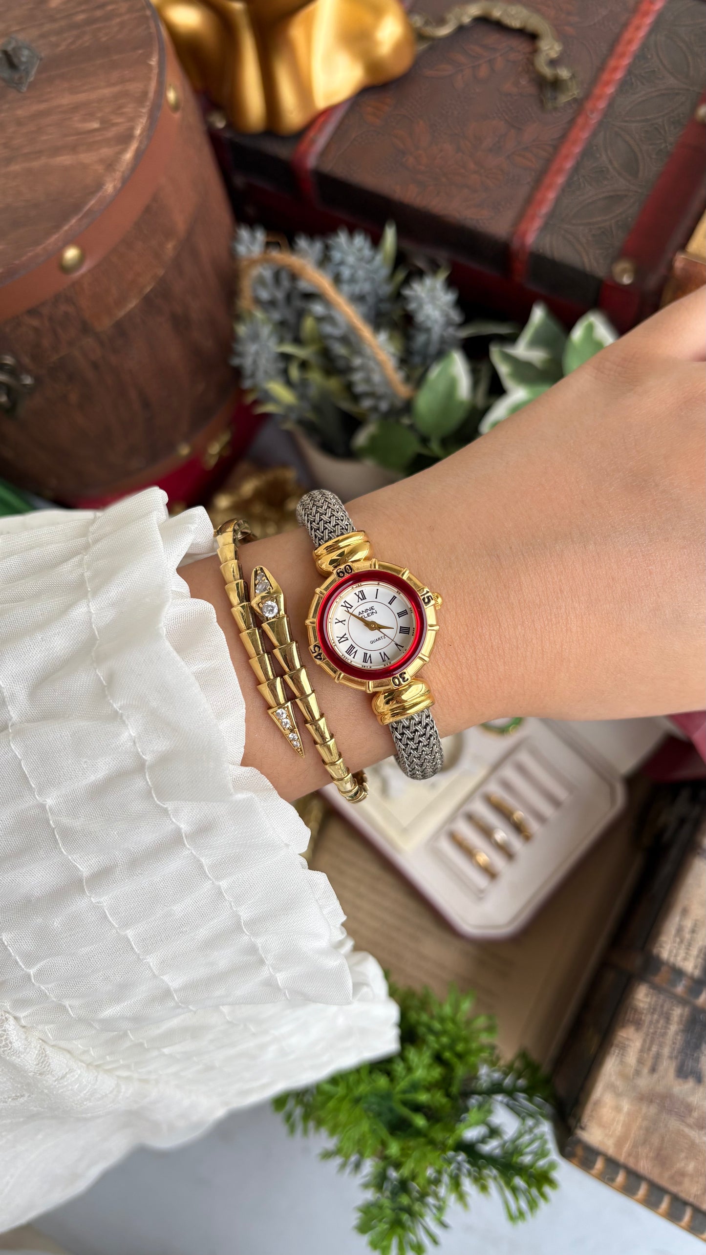 Extremely Rare Charriol-Inspired Vintage Anne Klein Interchangeable Bezel Set Bangle Watch in Two-Tone
