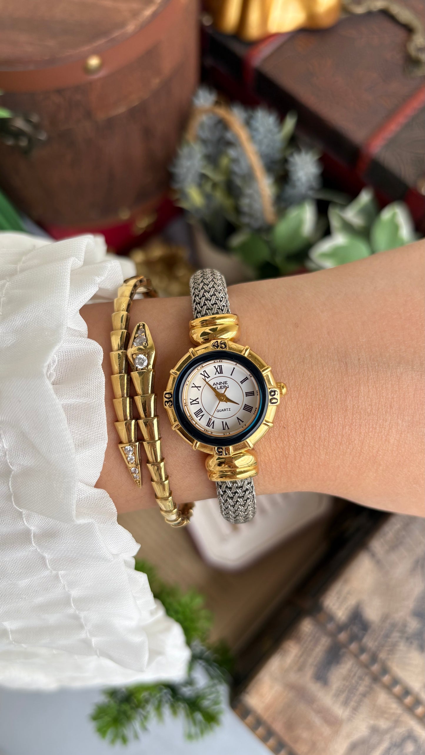 Extremely Rare Charriol-Inspired Vintage Anne Klein Interchangeable Bezel Set Bangle Watch in Two-Tone