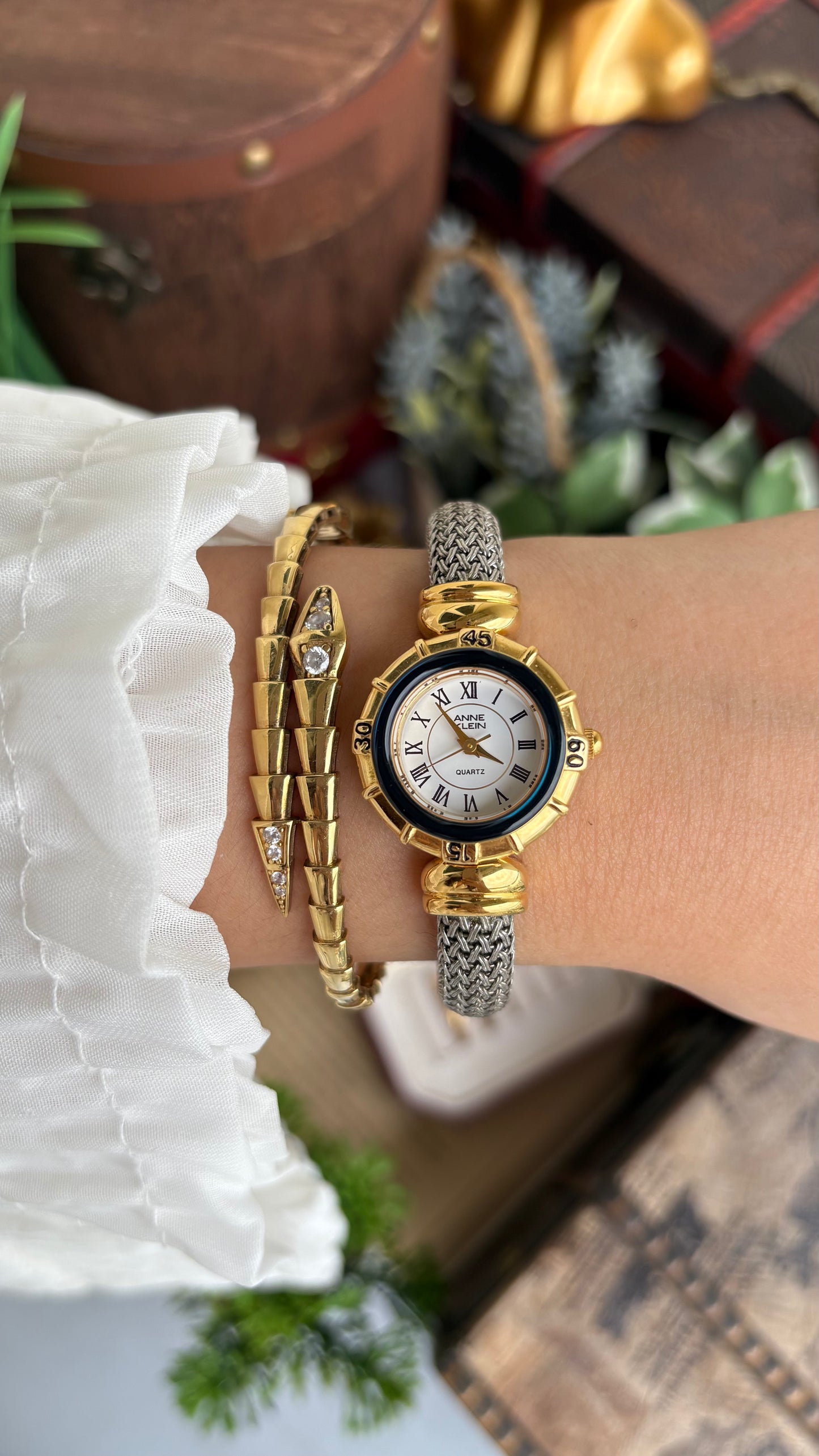 Extremely Rare Charriol-Inspired Vintage Anne Klein Interchangeable Bezel Set Bangle Watch in Two-Tone