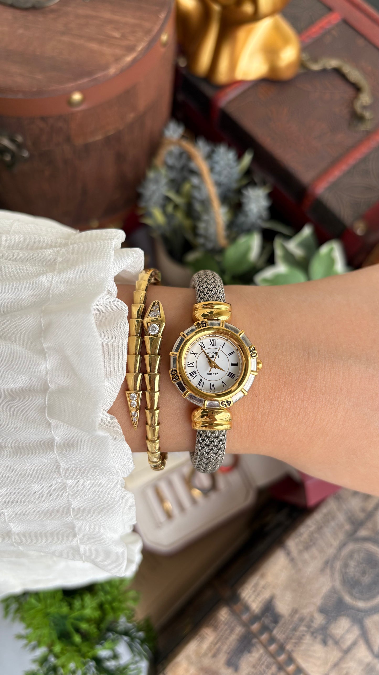 Extremely Rare Charriol-Inspired Vintage Anne Klein Interchangeable Bezel Set Bangle Watch in Two-Tone