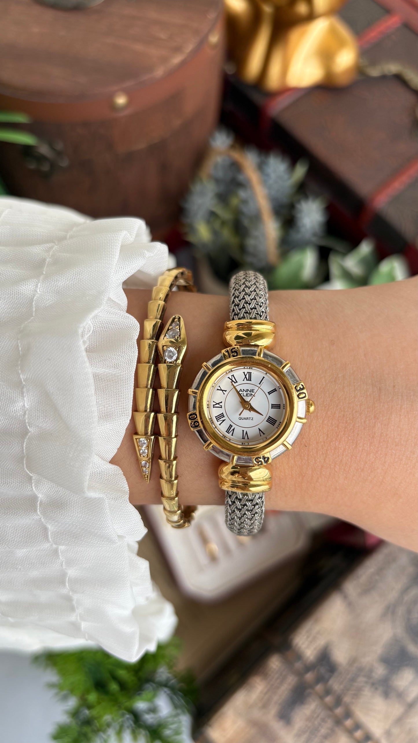 Extremely Rare Charriol-Inspired Vintage Anne Klein Interchangeable Bezel Set Bangle Watch in Two-Tone