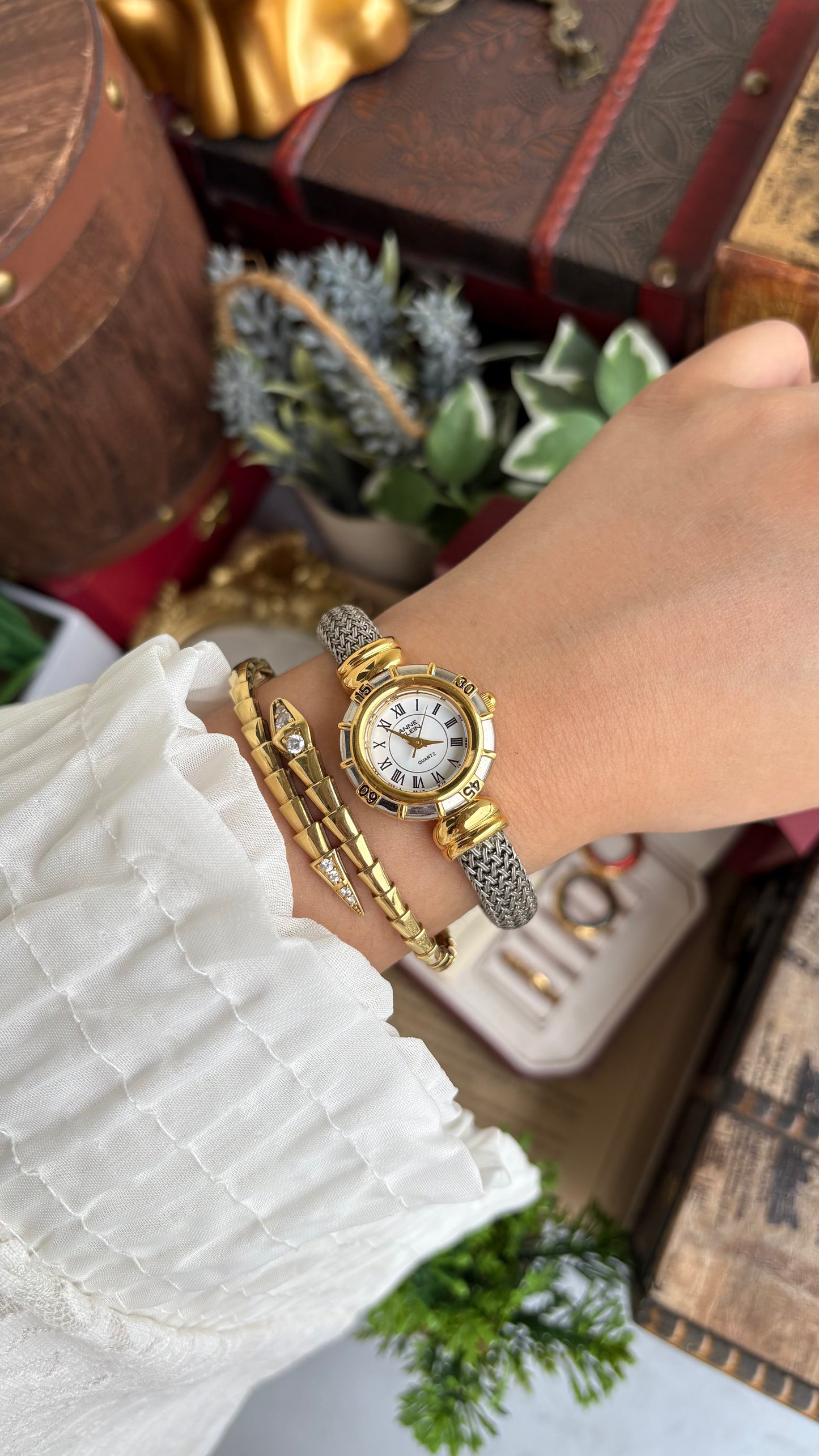 Extremely Rare Charriol-Inspired Vintage Anne Klein Interchangeable Bezel Set Bangle Watch in Two-Tone