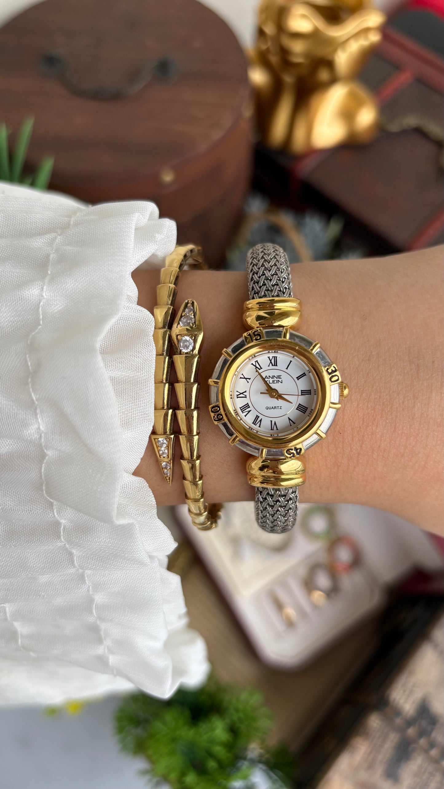 Extremely Rare Charriol-Inspired Vintage Anne Klein Interchangeable Bezel Set Bangle Watch in Two-Tone