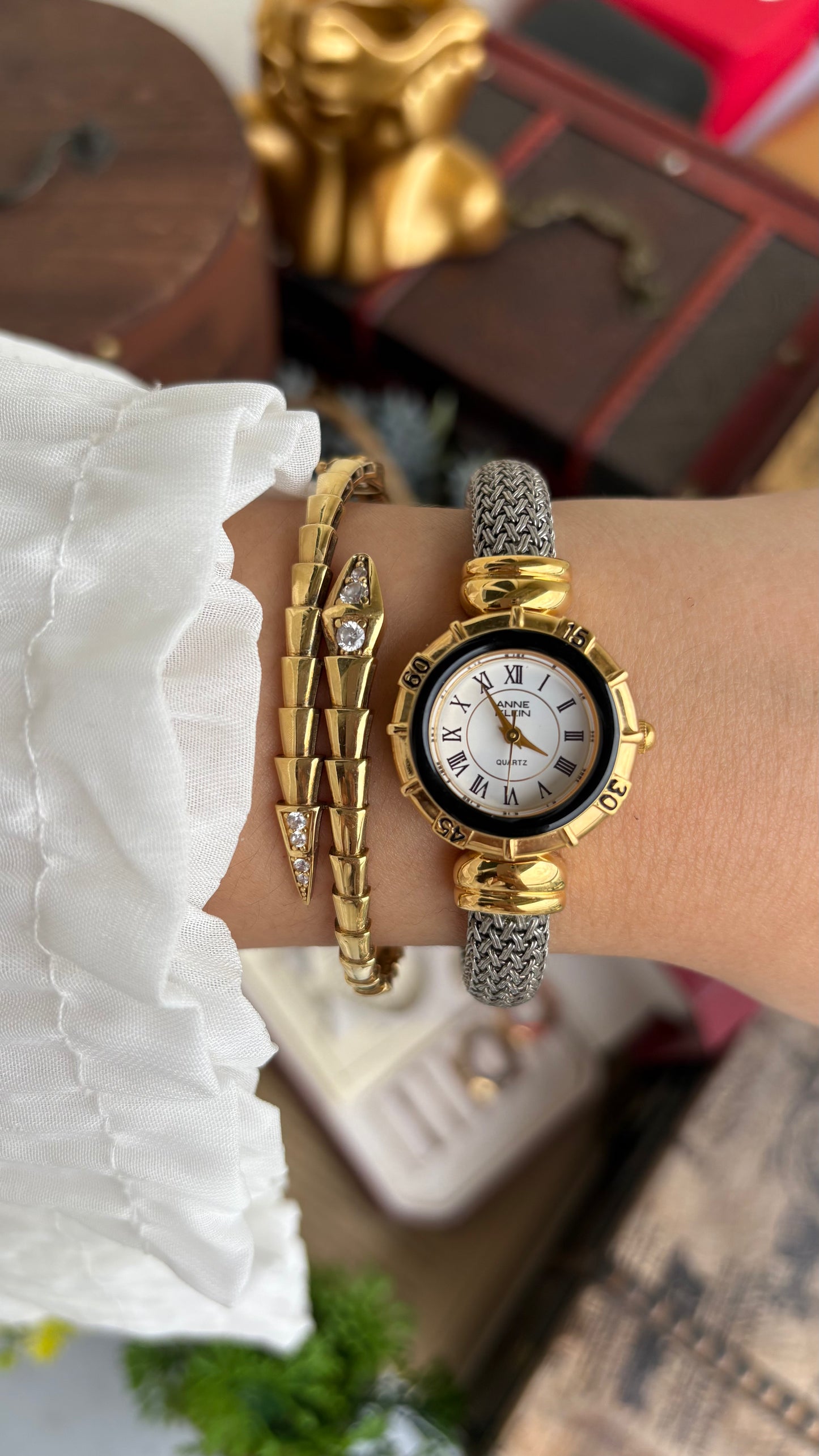 Extremely Rare Charriol-Inspired Vintage Anne Klein Interchangeable Bezel Set Bangle Watch in Two-Tone