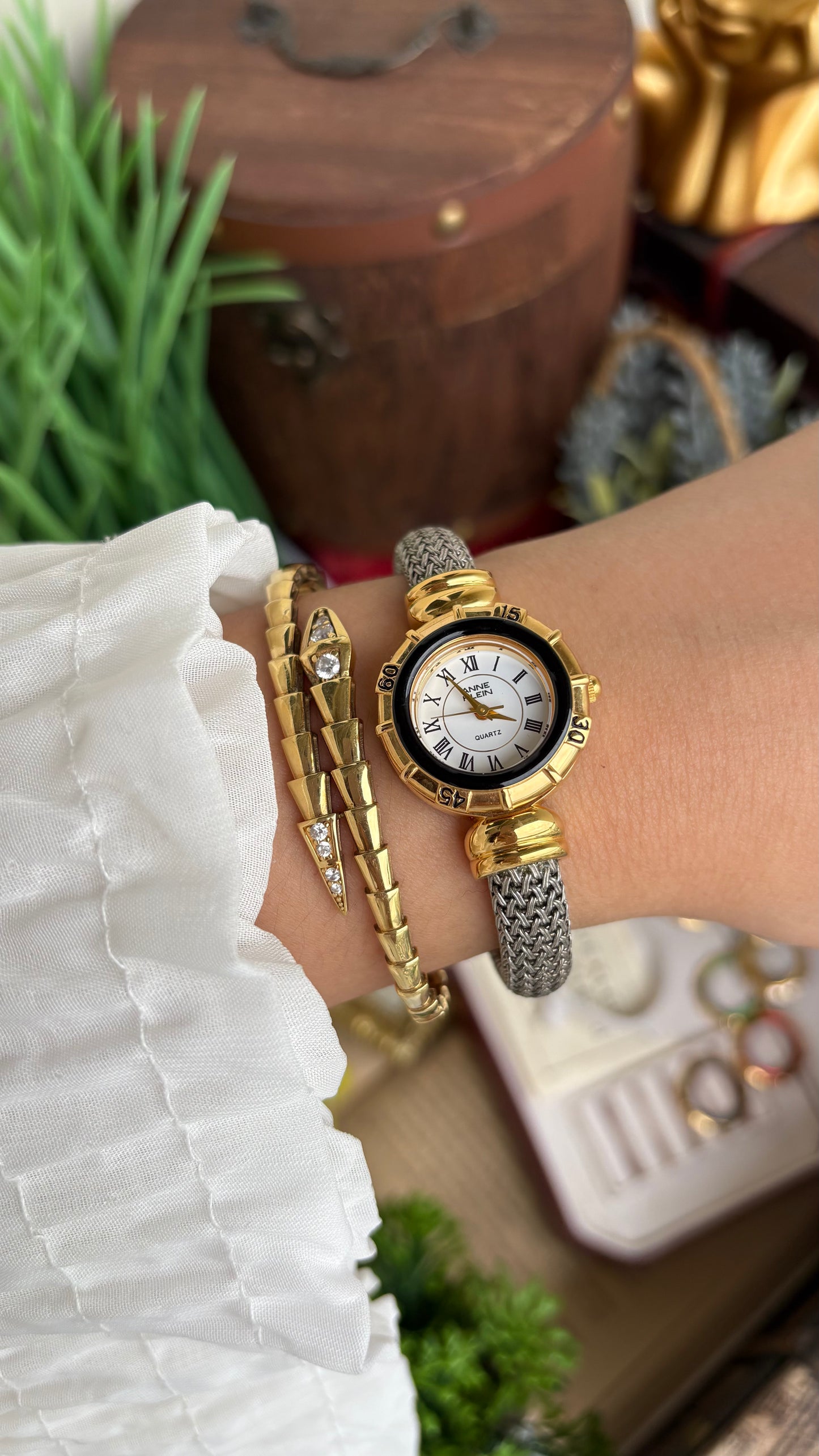 Extremely Rare Charriol-Inspired Vintage Anne Klein Interchangeable Bezel Set Bangle Watch in Two-Tone