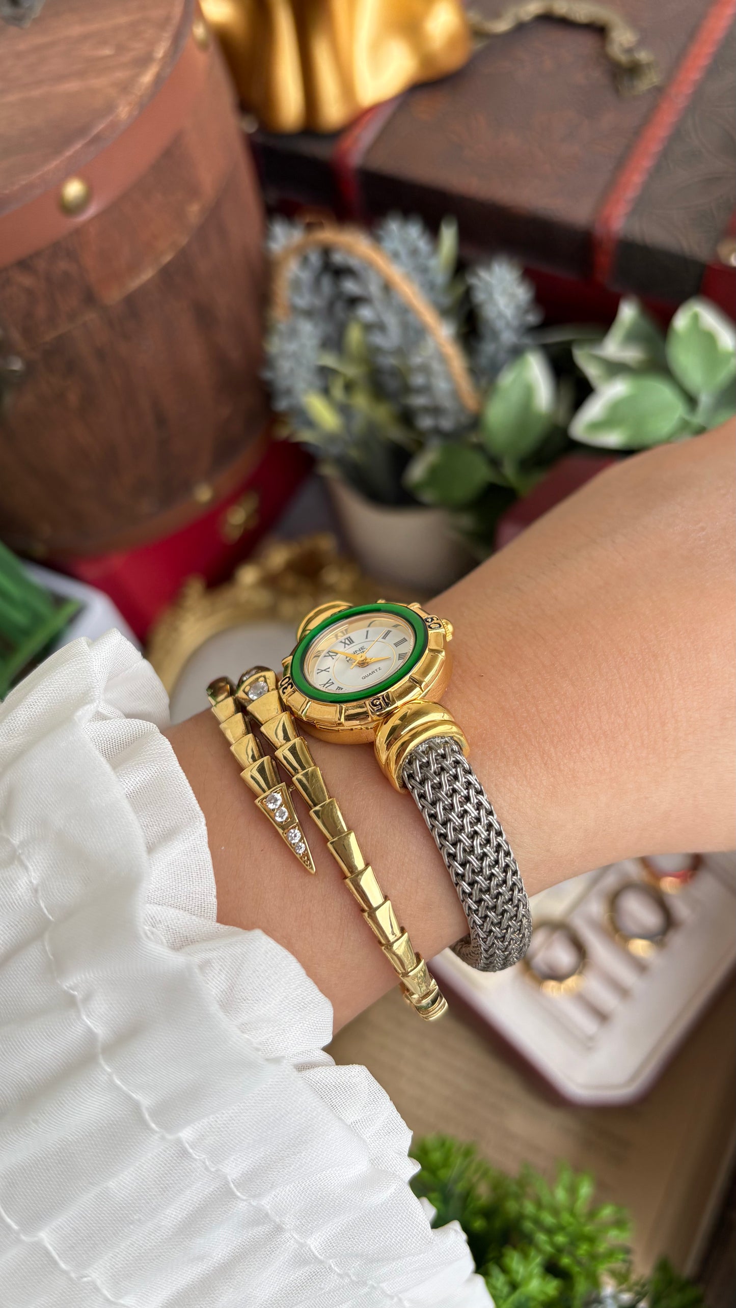 Extremely Rare Charriol-Inspired Vintage Anne Klein Interchangeable Bezel Set Bangle Watch in Two-Tone