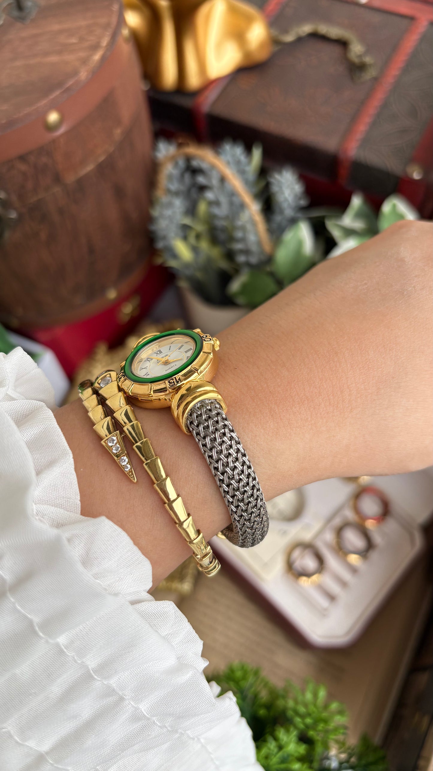 Extremely Rare Charriol-Inspired Vintage Anne Klein Interchangeable Bezel Set Bangle Watch in Two-Tone