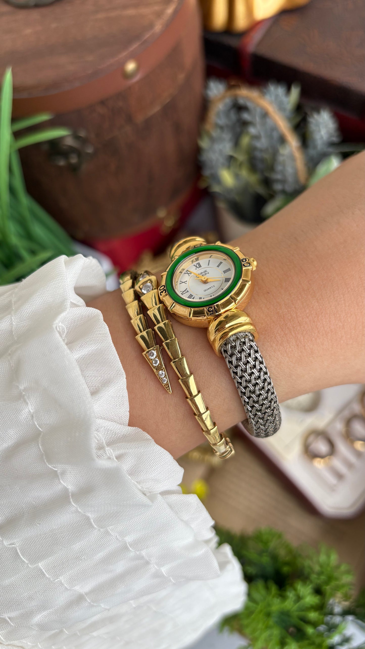 Extremely Rare Charriol-Inspired Vintage Anne Klein Interchangeable Bezel Set Bangle Watch in Two-Tone