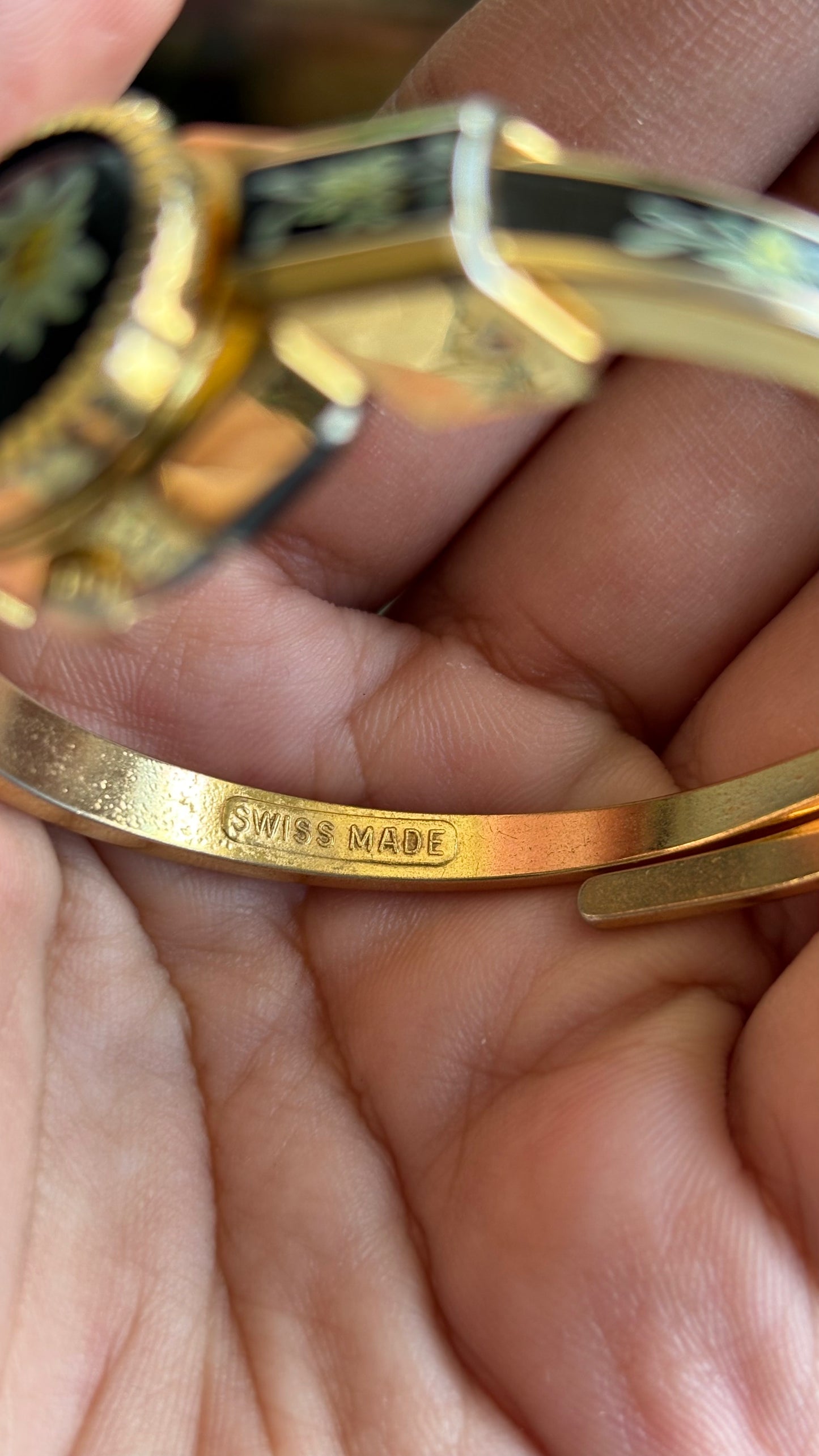 Extremely Rare Vintage Flower Peekaboo Watch in Gold Tone Black Accent Swiss Made
