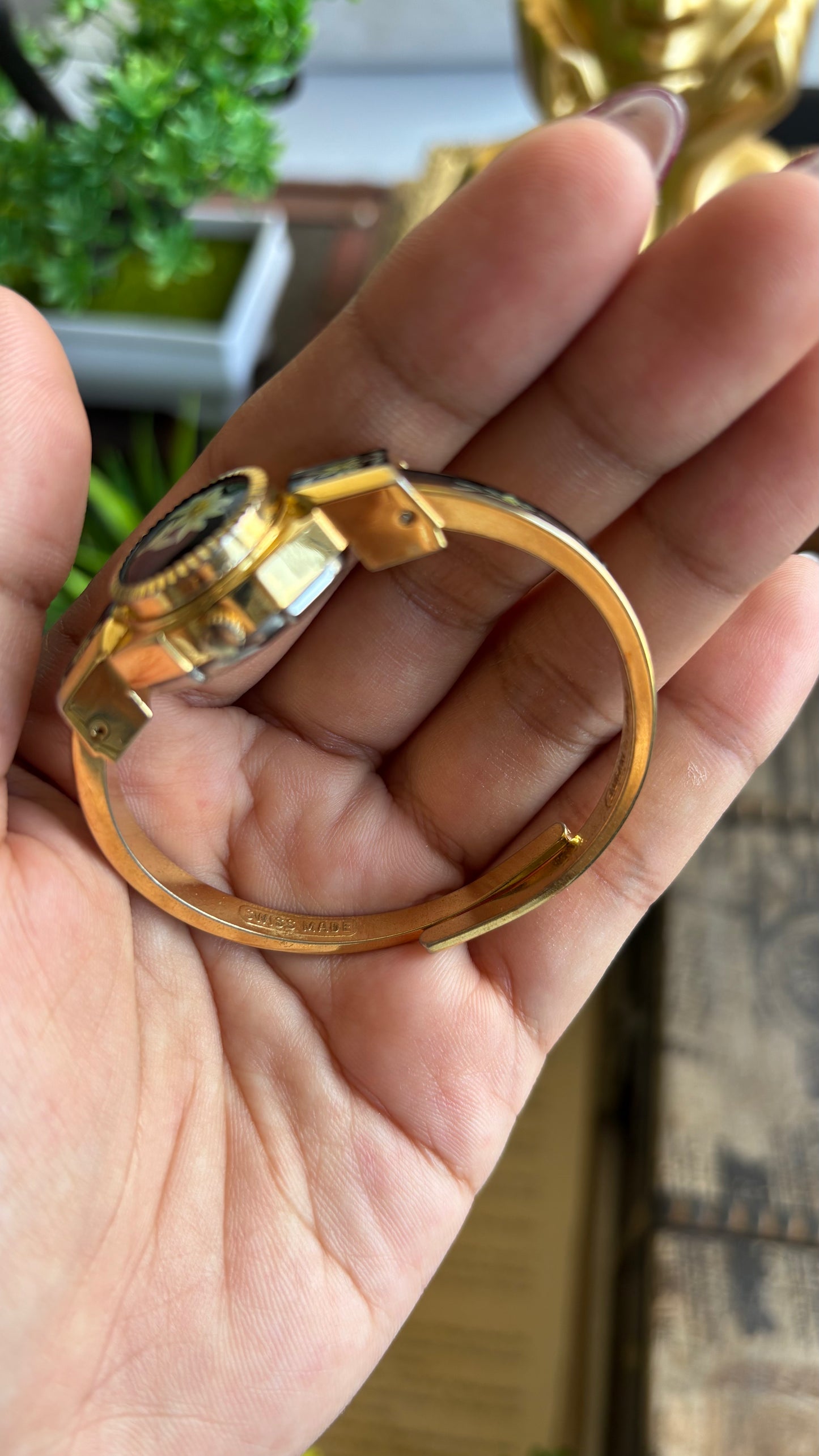 Extremely Rare Vintage Flower Peekaboo Watch in Gold Tone Black Accent Swiss Made