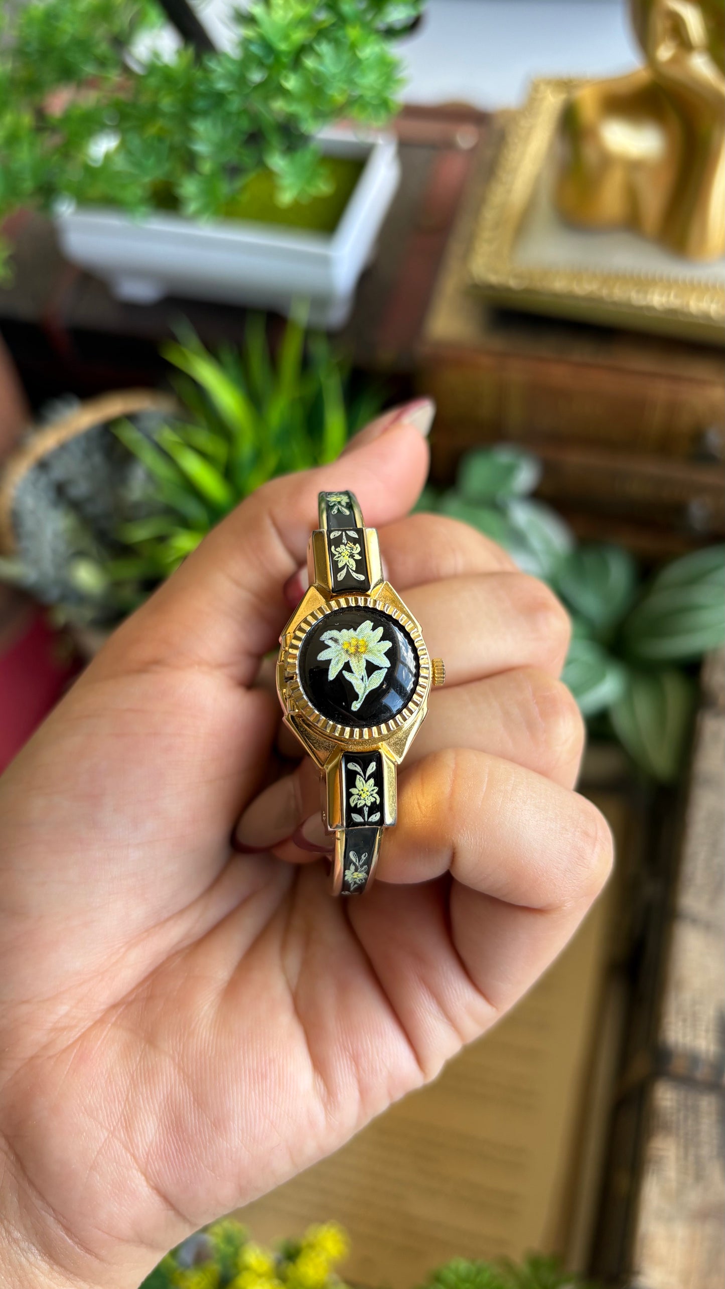 Extremely Rare Vintage Flower Peekaboo Watch in Gold Tone Black Accent Swiss Made