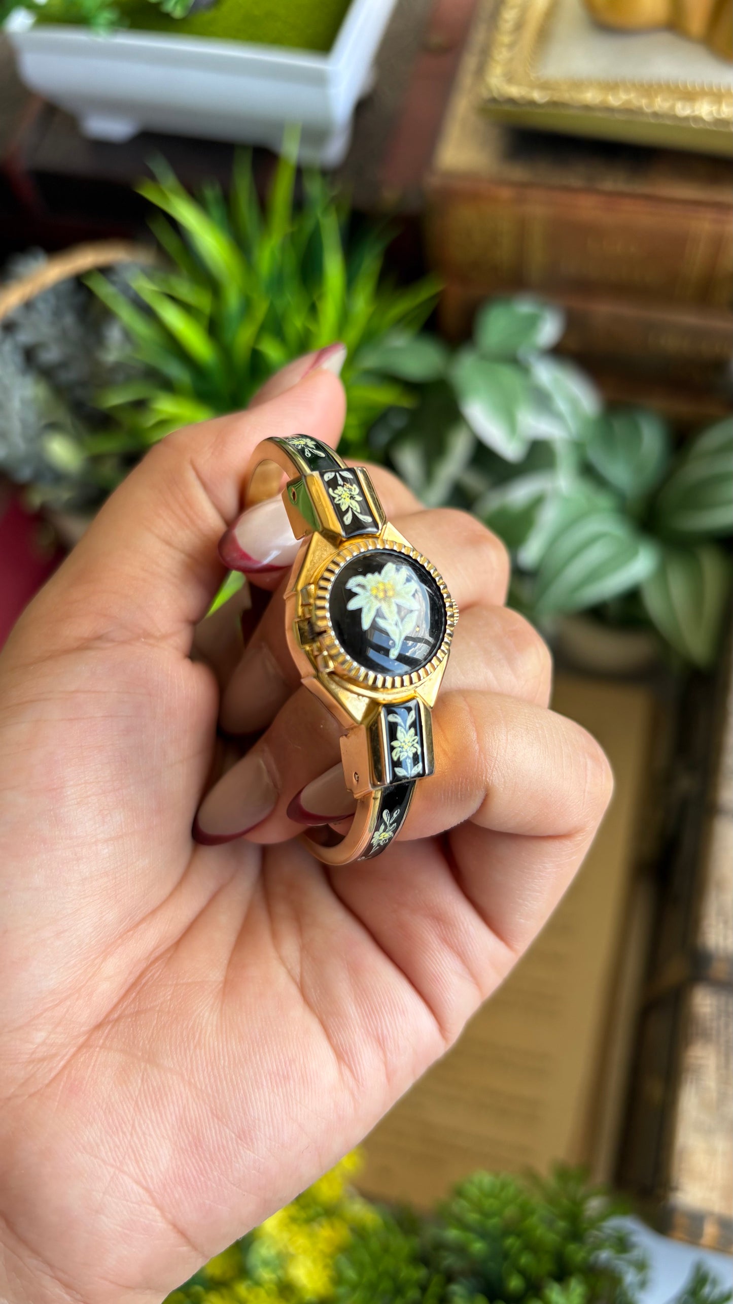 Extremely Rare Vintage Flower Peekaboo Watch in Gold Tone Black Accent Swiss Made