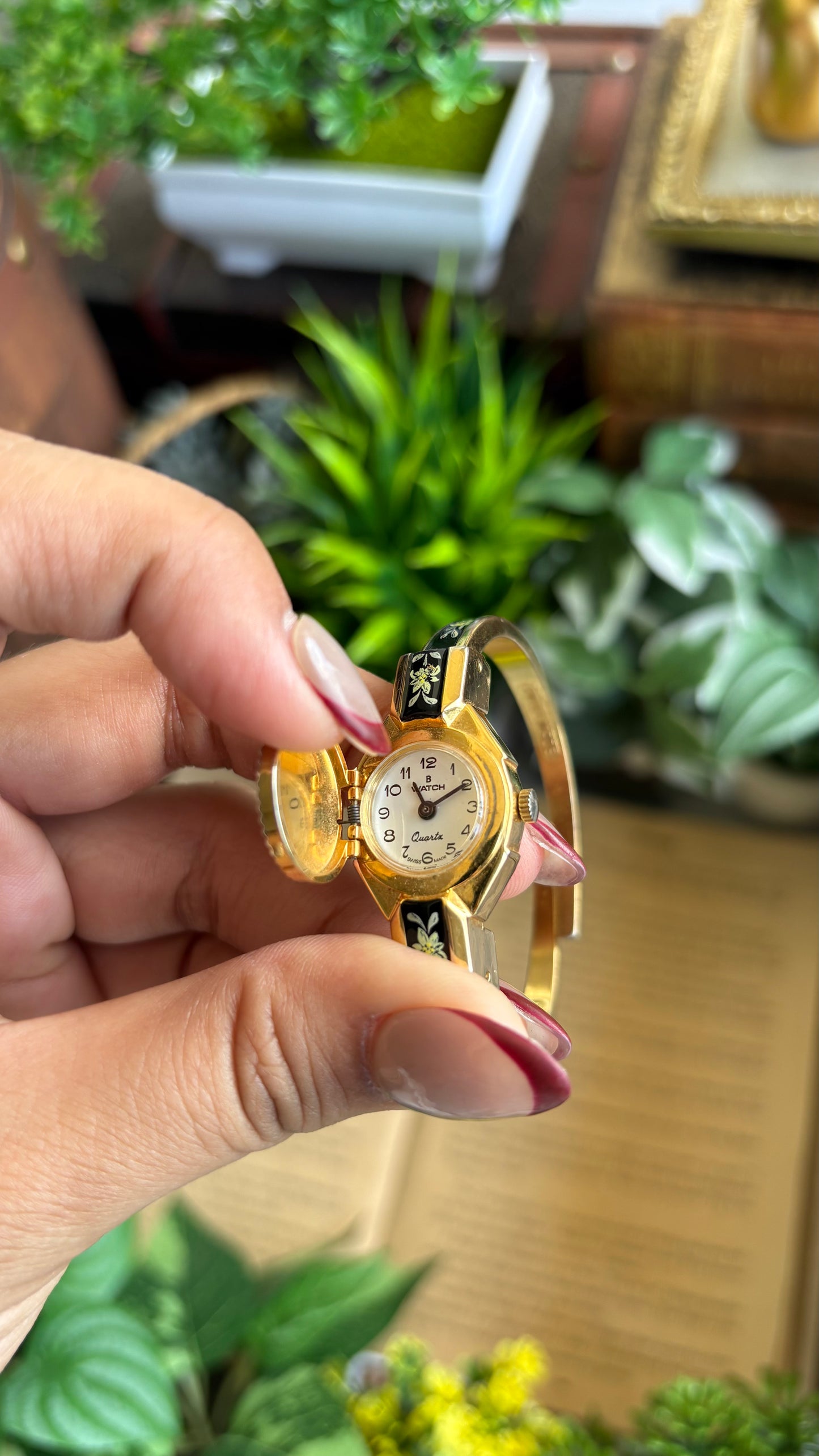 Extremely Rare Vintage Flower Peekaboo Watch in Gold Tone Black Accent Swiss Made