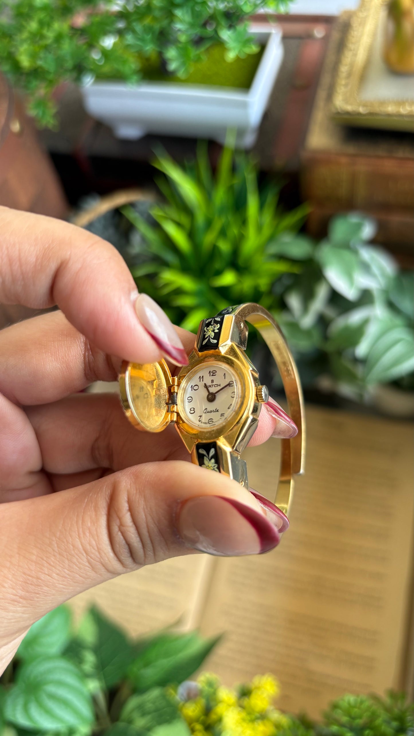 Extremely Rare Vintage Flower Peekaboo Watch in Gold Tone Black Accent Swiss Made