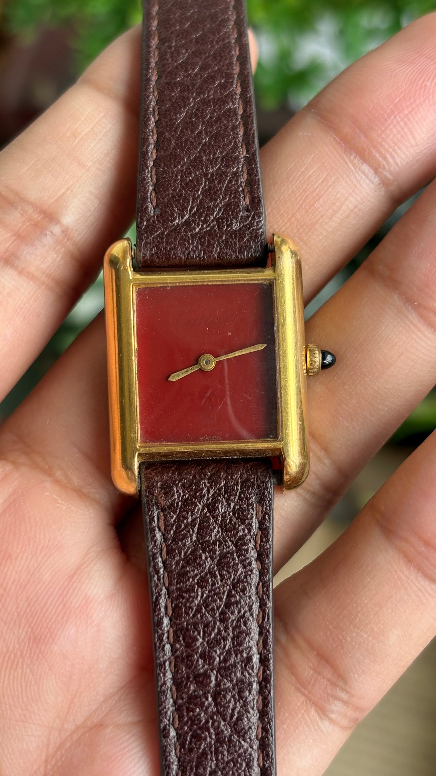 Vintage Cartier Tank Must De Cartier ‘Burgundy' Dial 1970’s Watch in Brown Leather Strap