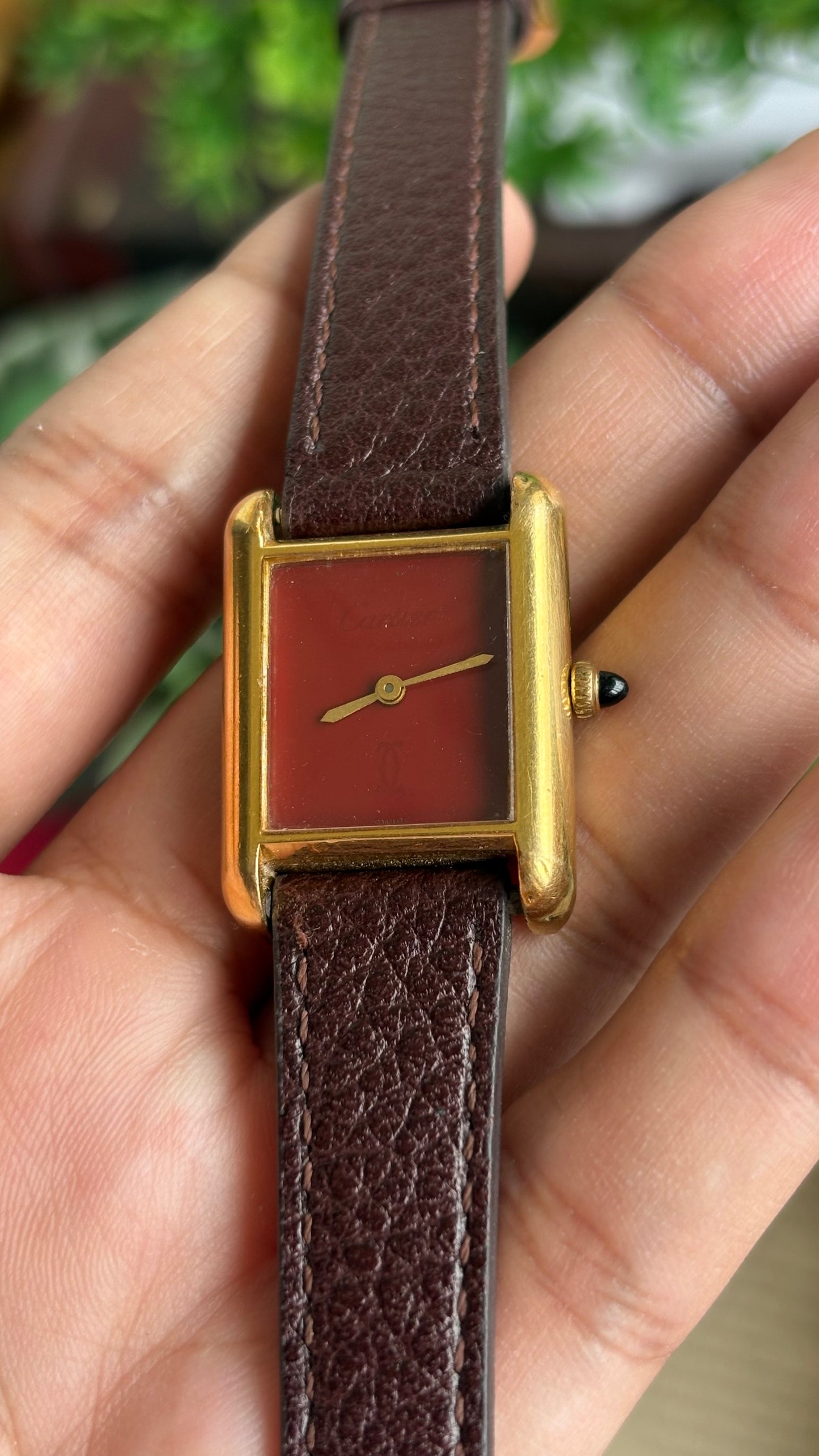 Vintage Cartier Tank Must De Cartier ‘Burgundy' Dial 1970’s Watch in Brown Leather Strap