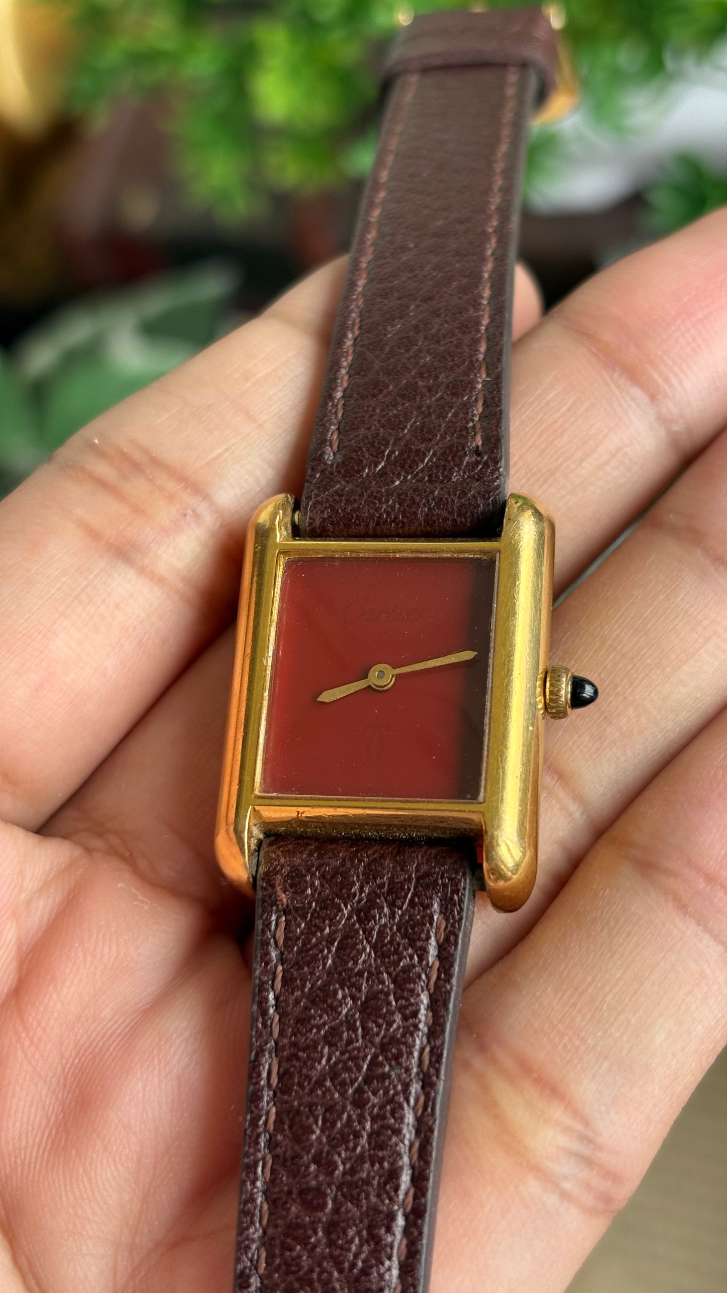 Vintage Cartier Tank Must De Cartier ‘Burgundy' Dial 1970’s Watch in Brown Leather Strap