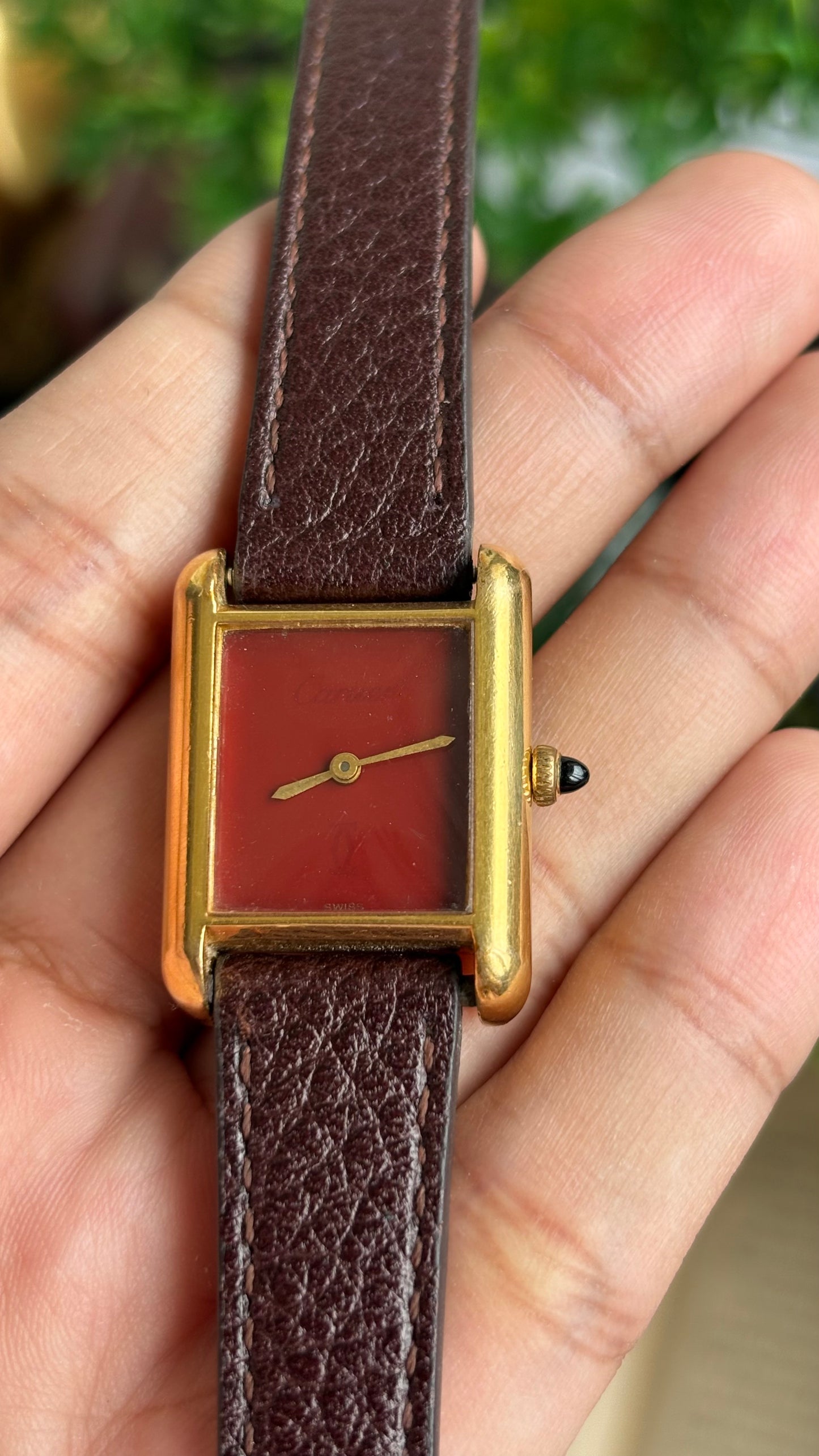 Vintage Cartier Tank Must De Cartier ‘Burgundy' Dial 1970’s Watch in Brown Leather Strap
