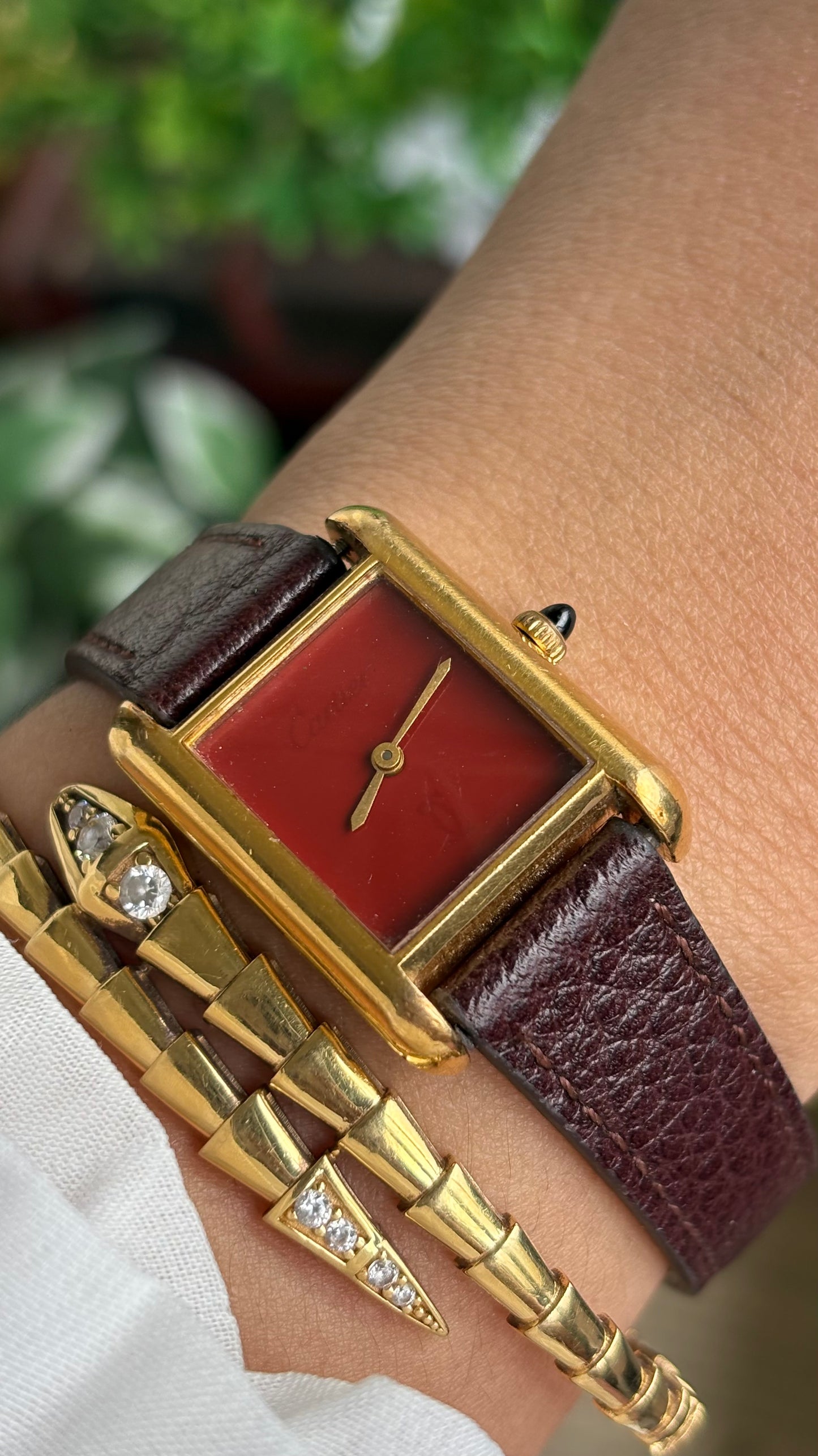 Vintage Cartier Tank Must De Cartier ‘Burgundy' Dial 1970’s Watch in Brown Leather Strap