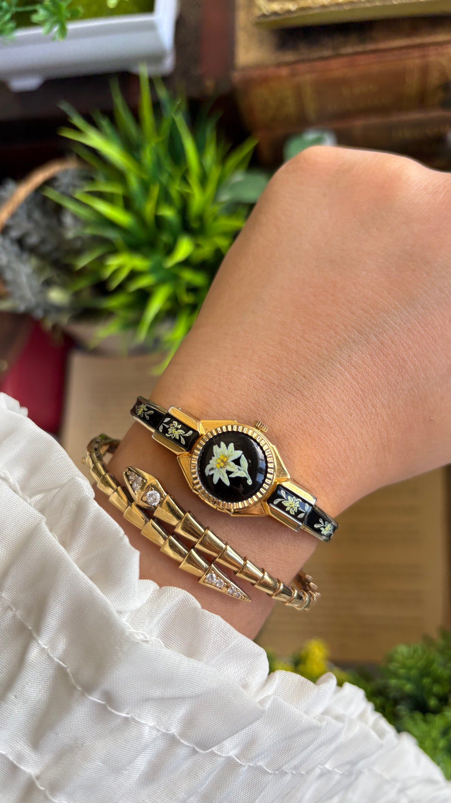 Extremely Rare Vintage Flower Peekaboo Watch in Gold Tone Black Accent Swiss Made