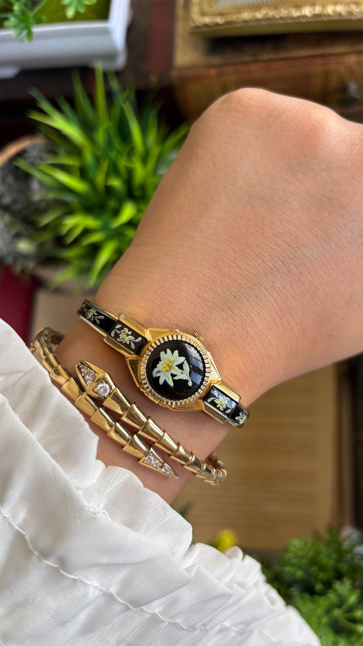 Extremely Rare Vintage Flower Peekaboo Watch in Gold Tone Black Accent Swiss Made