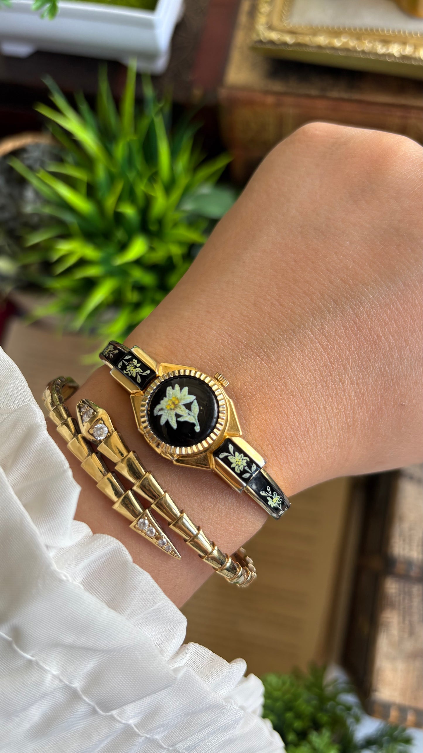 Extremely Rare Vintage Flower Peekaboo Watch in Gold Tone Black Accent Swiss Made
