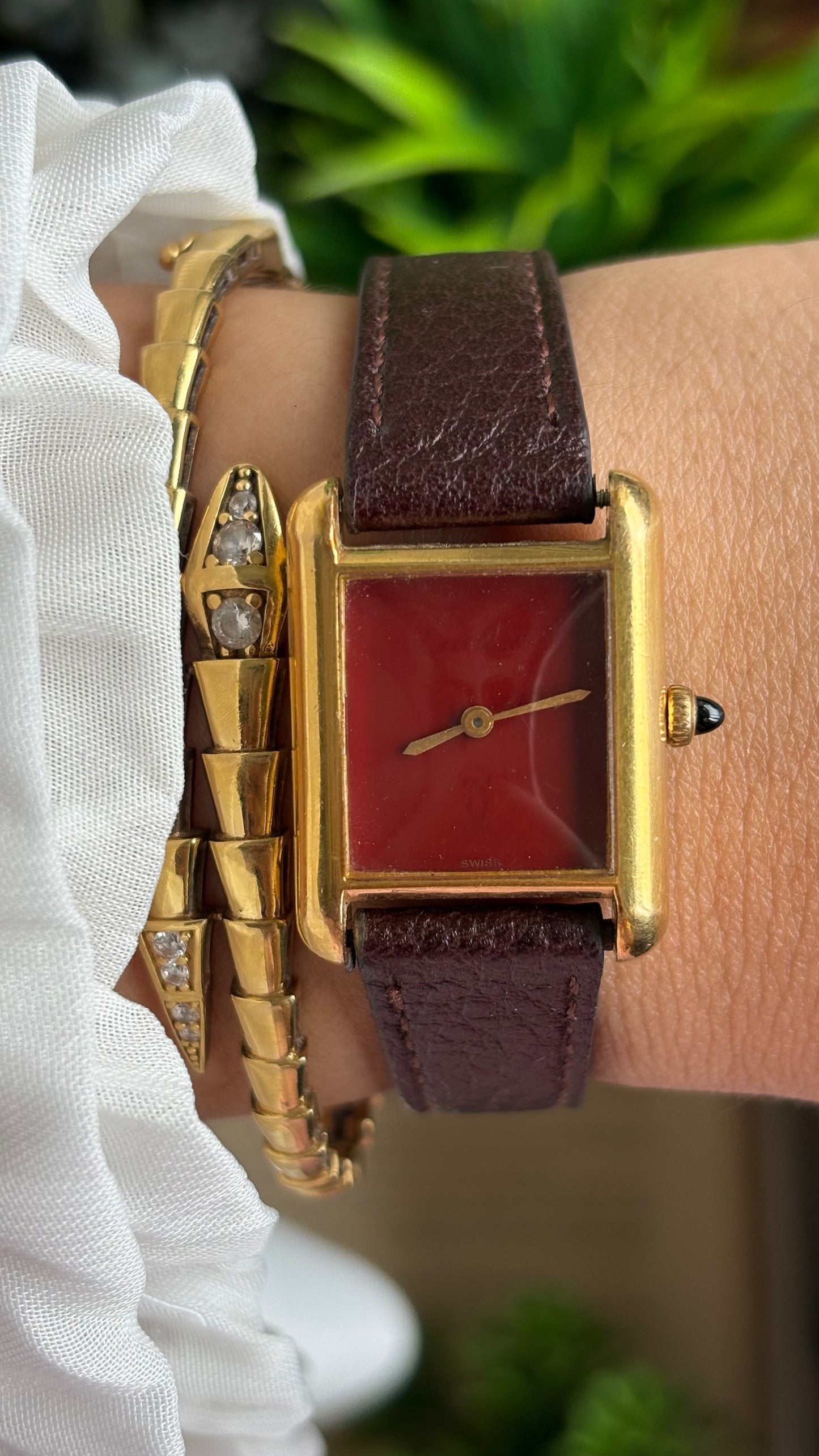 Vintage Cartier Tank Must De Cartier ‘Burgundy' Dial 1970’s Watch in Brown Leather Strap