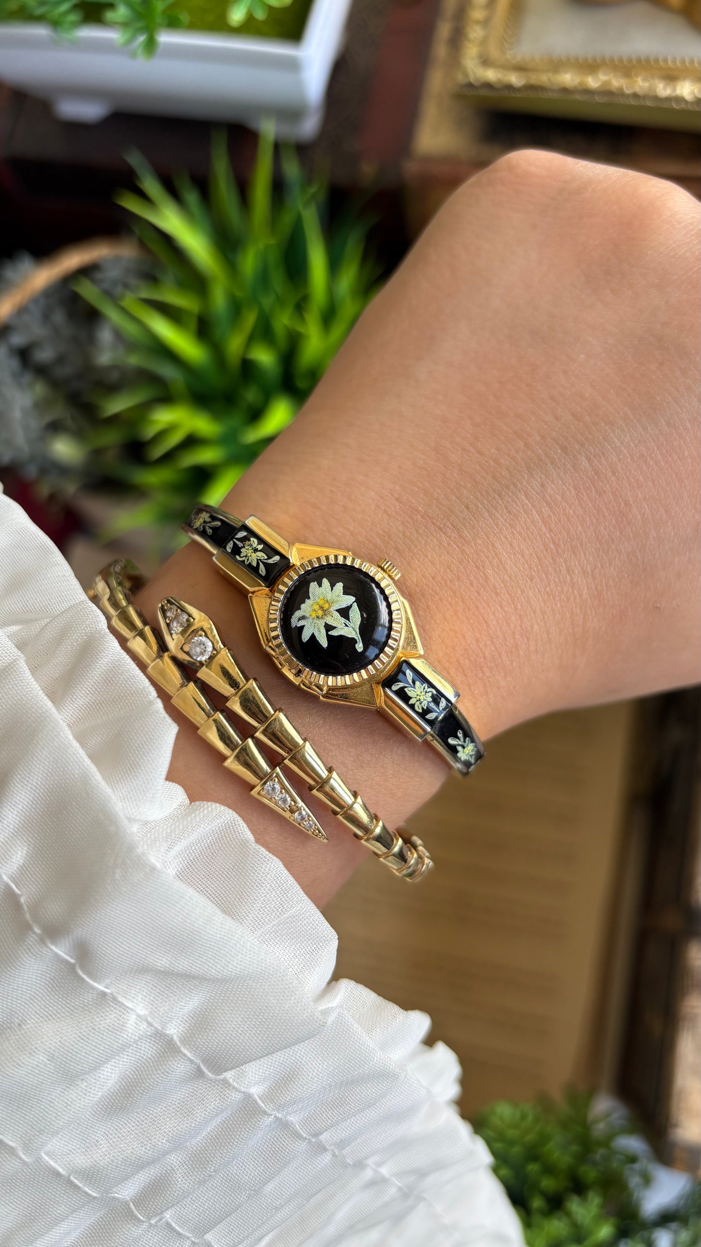 Extremely Rare Vintage Flower Peekaboo Watch in Gold Tone Black Accent Swiss Made