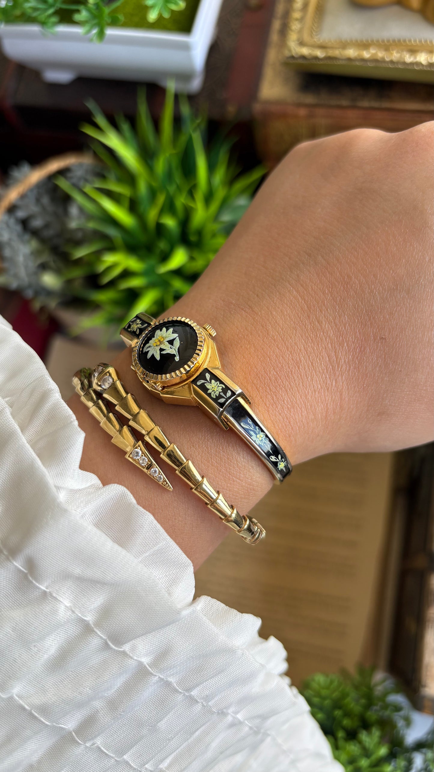 Extremely Rare Vintage Flower Peekaboo Watch in Gold Tone Black Accent Swiss Made