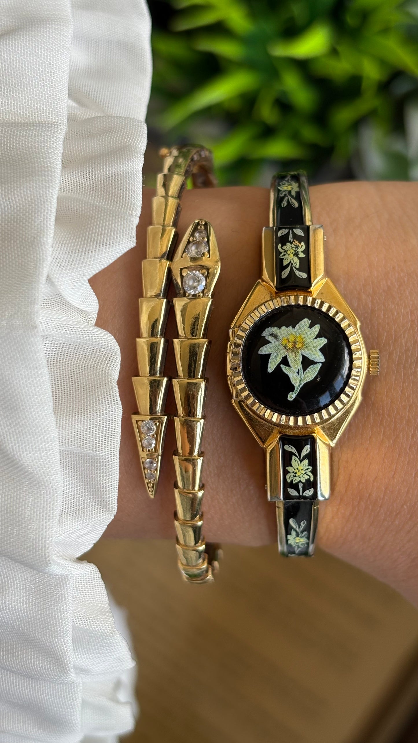 Extremely Rare Vintage Flower Peekaboo Watch in Gold Tone Black Accent Swiss Made