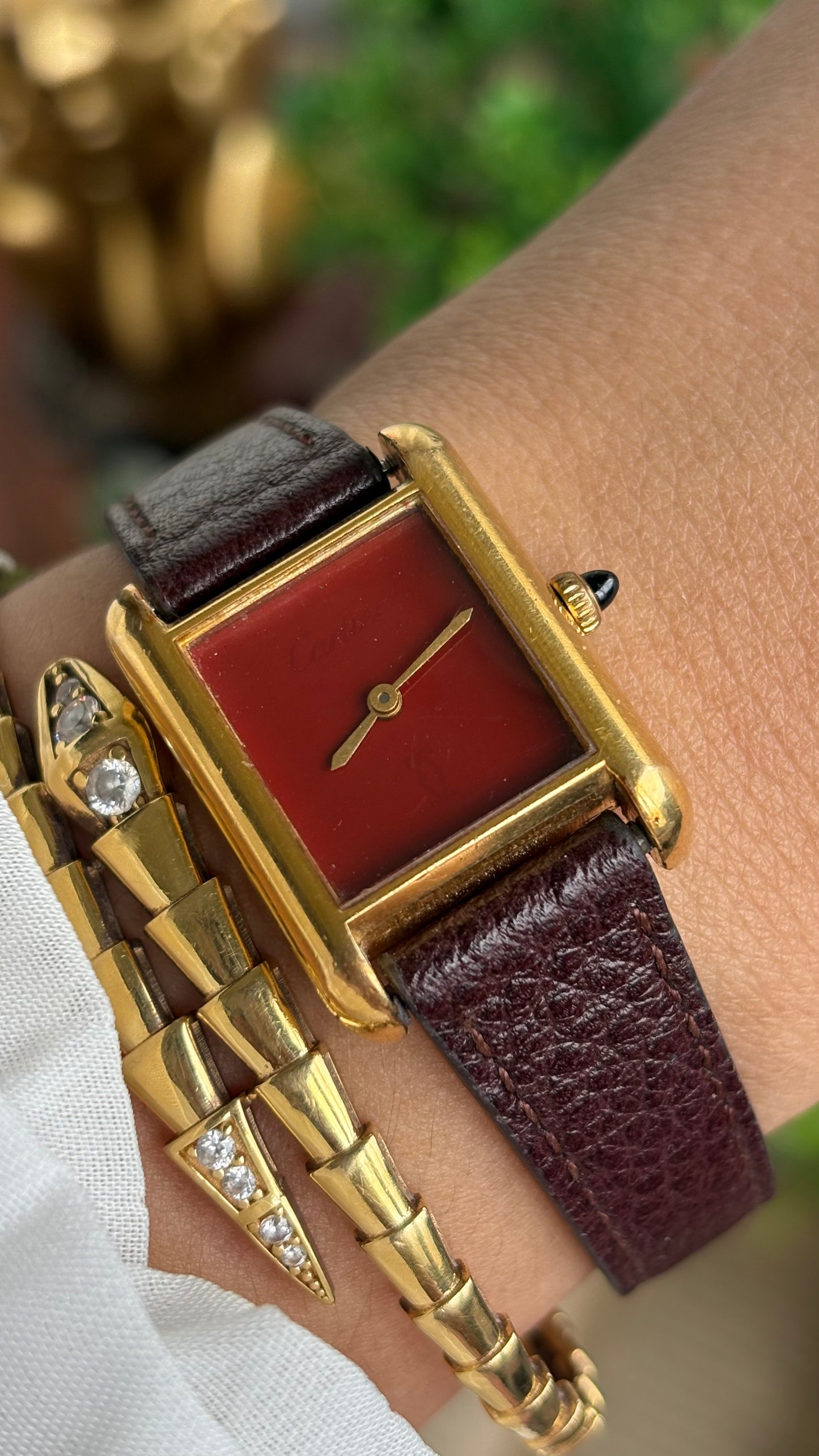 Vintage Cartier Tank Must De Cartier ‘Burgundy' Dial 1970’s Watch in Brown Leather Strap