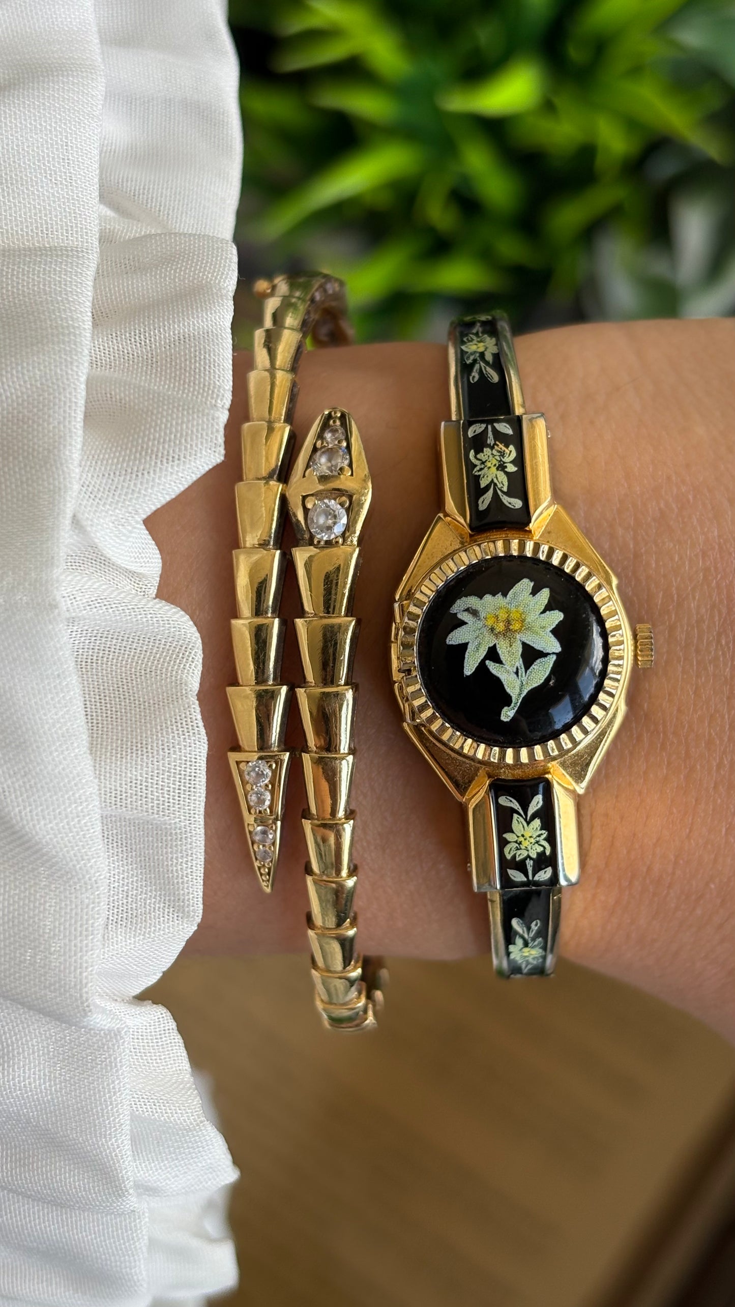 Extremely Rare Vintage Flower Peekaboo Watch in Gold Tone Black Accent Swiss Made