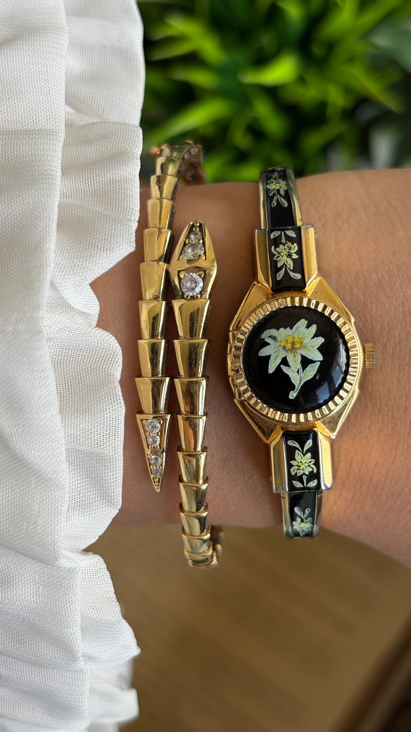 Extremely Rare Vintage Flower Peekaboo Watch in Gold Tone Black Accent Swiss Made