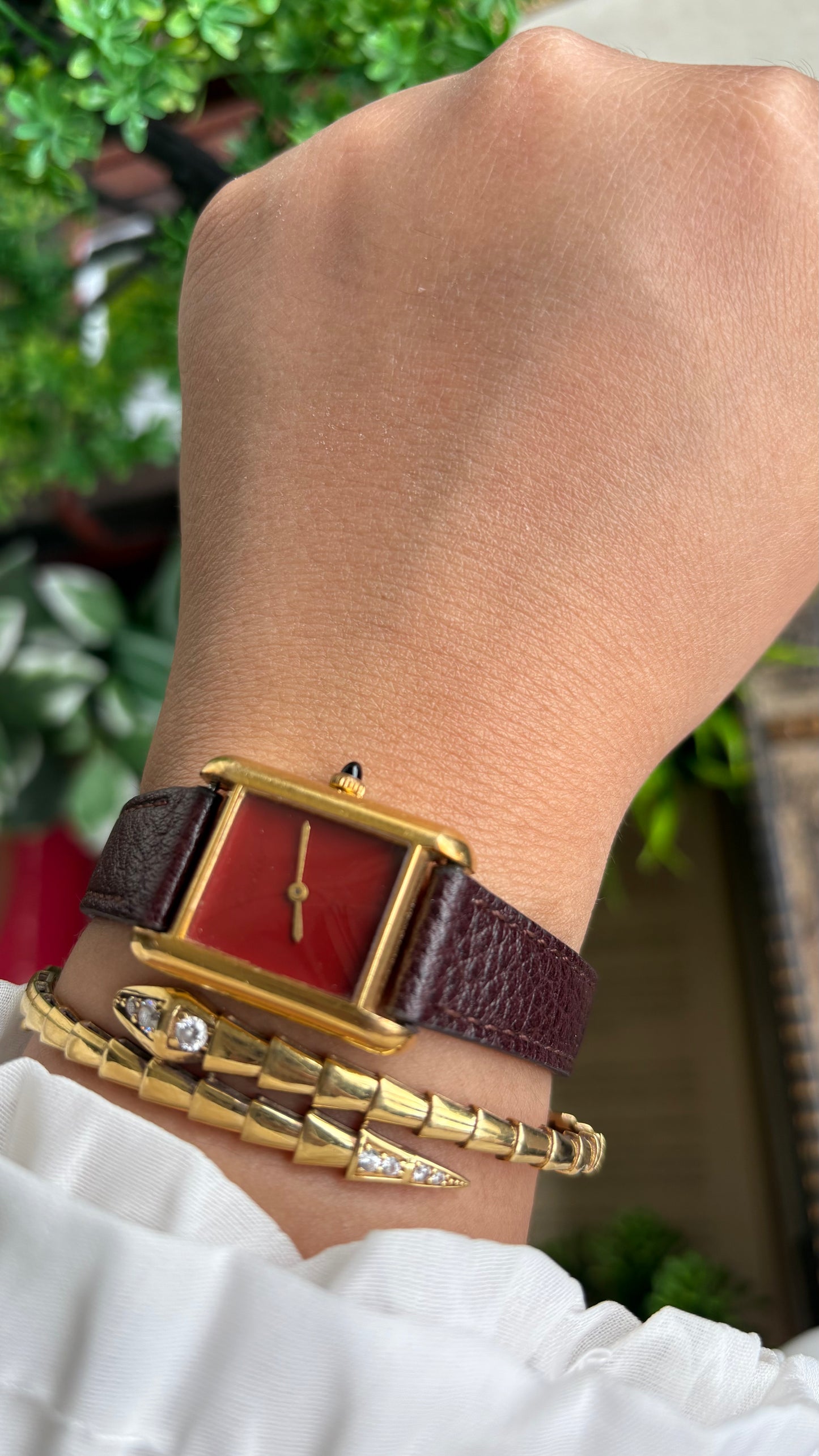 Vintage Cartier Tank Must De Cartier ‘Burgundy' Dial 1970’s Watch in Brown Leather Strap