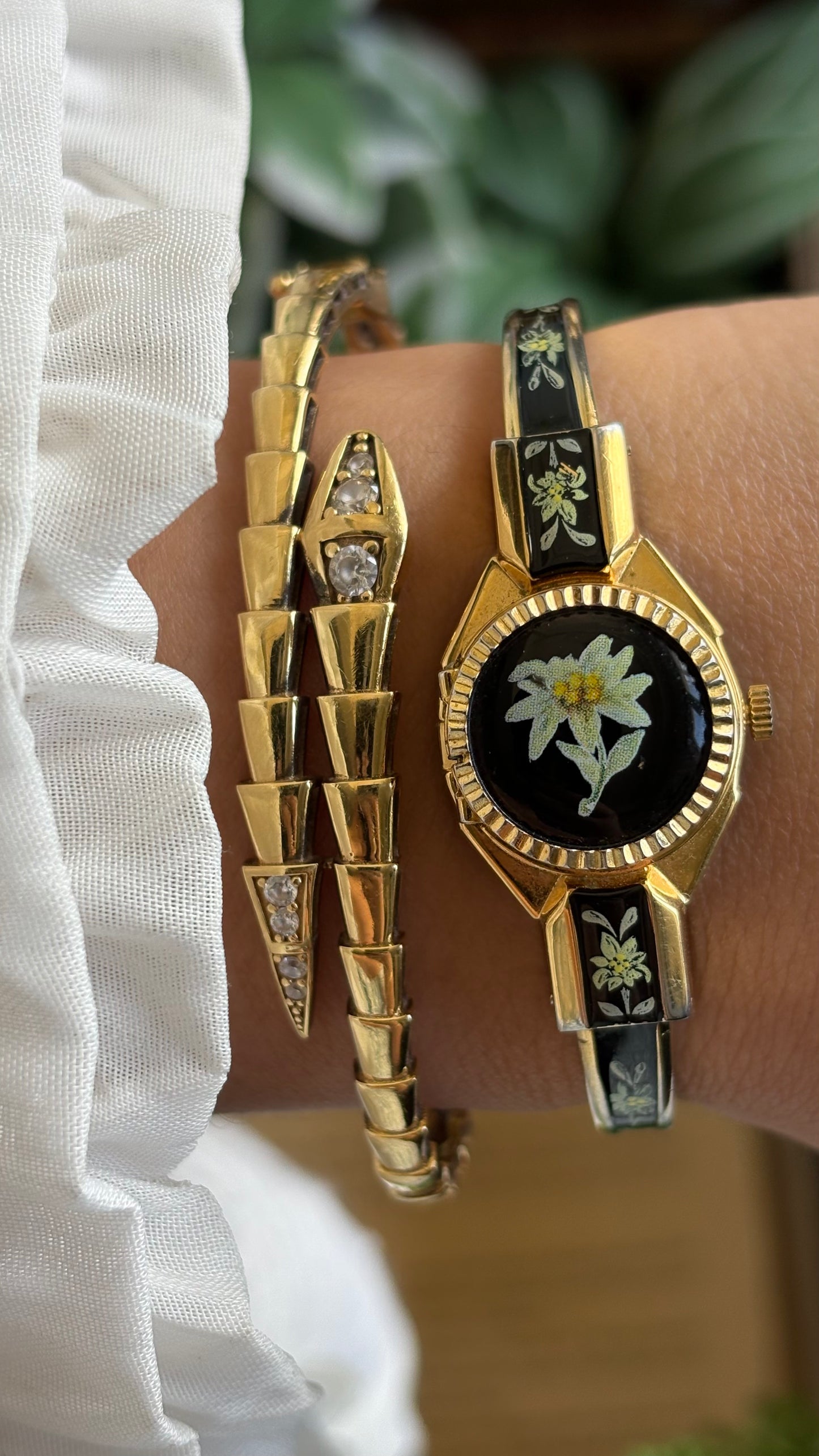 Extremely Rare Vintage Flower Peekaboo Watch in Gold Tone Black Accent Swiss Made